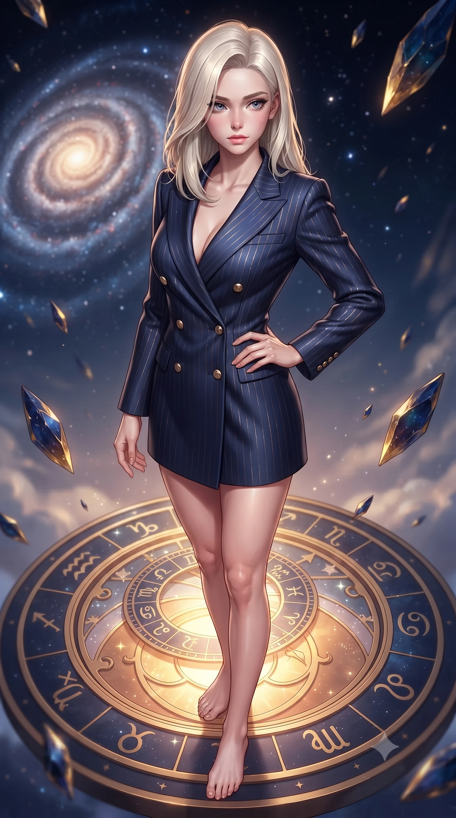 score_9, masterpiece, best quality, ultra-detailed, high-budget anime keyframe, editorial fashion photography, tasteful artistic composition, Caucasian woman. close-up cowboy shot from the waist and thighs up, the character dominates the composition, filling the frame with her large presence, background elements kept in soft focus. Gazing past the camera with an air of effortless elegance and mysterious confidence standing on a floating zodiac dial beneath a swirling spiral nebula, floating meteor shards reflecting deep navy and gold hues. She has an exceptionally elegant, slender, and willowy female figure with an ultra-slim waist, a gracefully sculpted slender torso, and a refined silhouette. sharp v-shaped jawline, high-bridge nose, intricate jewel-like eyes with depth, thick eyelashes, glossy lips with a natural sheen. wearing a tailored double-breasted blazer dress in navy with subtle metallic pin-stripes, the elegant draped fit framing her graceful clavicle and slender torso. illuminated by brilliant starlight and warm golden inner glow from the astrolabe. highly saturated vibrant anime colors, detailed shading with soft gradients, rich glossy textures, high-contrast stereoscopic depth, volumetric dynamic lighting, master piece, 9:16 ratio
