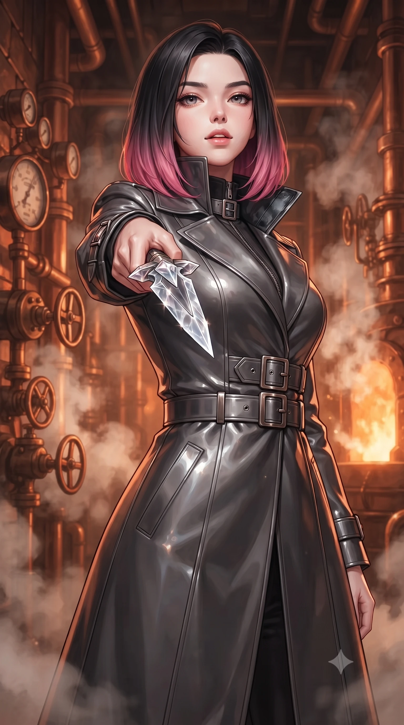 score_9, masterpiece, best quality, ultra-detailed, high-budget anime keyframe, editorial fashion photography, tasteful artistic composition, Korean woman. close-up cowboy shot from the waist and thighs up, the character dominates the composition, filling the frame with her large presence, background elements kept in soft focus. pointing a crystal-edged laser dagger forward in a defensive stance, tilting her chin up slightly with lips parted in a composed pose, the background shows a soft-focus a copper pipe foundry corridor filled with vintage pressure gauges and steam. She has an exceptionally elegant, slender, and willowy female figure with an ultra-slim waist, a gracefully sculpted slender torso, and a refined silhouette. sharp v-shaped jawline, high-bridge nose, intricate jewel-like eyes with depth, thick eyelashes, glossy lips with a natural sheen. wearing a slim-fit tailored future military trench coat in charcoal grey, worn closed with heavy metallic buckles and high-collar lining. warm orange glow of a melting furnace reflecting off copper and bronze walls. ultra-reflective glossy finish, specular highlights, metallic sheen, high-contrast stereoscopic depth, volumetric dynamic lighting, 2k, ultra detail, master piece, 9:16 ratio