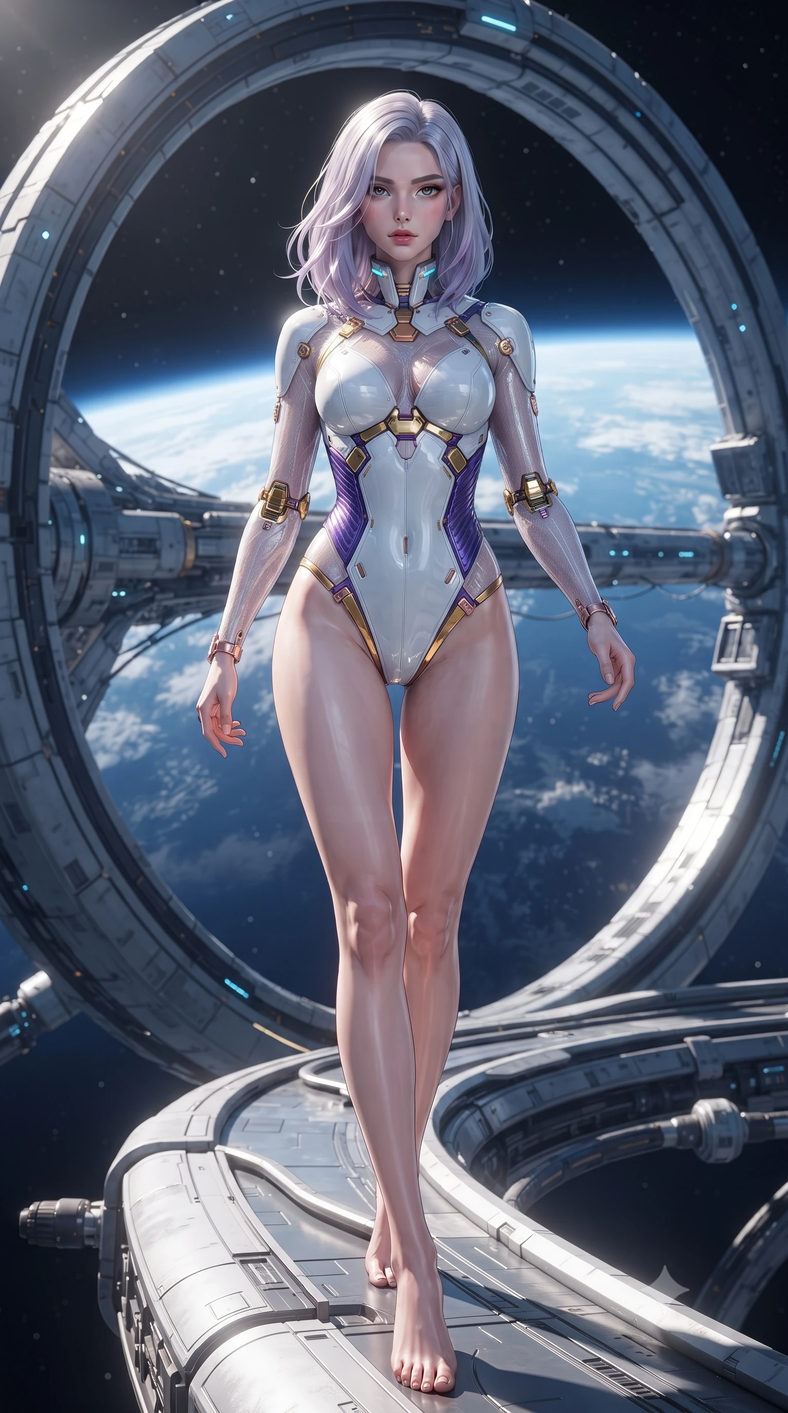 score_9, masterpiece, best quality, ultra-detailed, high-budget anime keyframe, editorial fashion photography, tasteful artistic composition, Caucasian woman. low angle full-body shot from head to toe showing her feet, filling the entire 9:16 vertical frame with her statuesque presence, stretching her vertical silhouette. striding forward with sovereign warrior elegance in a low, predatory combat advance, hips swaying with fierce athletic poise from head to toe while striding gracefully along the outer perimeter ring with arms held in loose, relaxed Panzer Kunst mastery. The surrounding environment is rendered in vivid detail and crisp panoramic clarity. high-contrast orbital chiaroscuro and monumental space-age engineering captured with environmental precision. She has an absolutely perfect, statuesque 8.5-heads proportion, an exceptionally tall and slender model-like female figure with impossibly long slender legs, a toned flat midriff, and an ultra-slim waist. sharp v-shaped jawline, high-bridge nose, intricate jewel-like eyes with depth, thick eyelashes, glossy lips with a natural sheen, flawlessly proportioned anatomical accuracy, strict slender model proportions, natural body alignment, perfectly sculpted long slender limbs, ultra-slim waistline, clean dynamic posture without body distortion. wearing a form-contouring arctic white carbon-composite martial arts leotard with solar gold articulation joints and diagonal midriff vents in royal purple carbon fiber with rose-gold hardware and clasps, crafted from semi-translucent cybernetic carbon-vinyl interwoven with glowing micro-filaments, featuring a sleek aerodynamic collar framed by subtle glowing cybernetic status LEDs, the precision-cut daring openings accentuating her delicate midriff, graceful bare collarbones, and ultra-slim feminine waistline. bathed in dazzling high-noon orbital sunlight and rich blue Earth ambient bounce light. ultra-reflective glossy finish, specular highlights, dark metallic sheen, high-contrast stereoscopic depth, volumetric dynamic lighting, 2k, ultra detail, master piece, 9:16 ratio