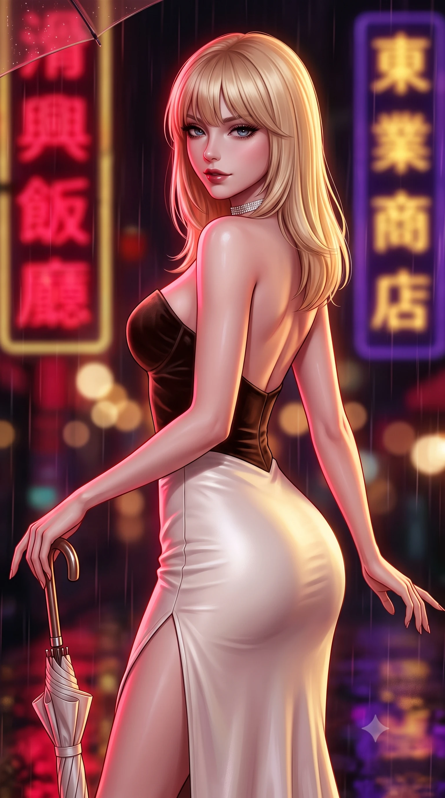 score_9, masterpiece, best quality, ultra-detailed, high-budget anime keyframe, semi-realistic 3D game render, editorial fashion photography, tasteful artistic composition, Japanese woman. close-up cowboy shot from the waist and thighs up, the character dominates the composition, filling the frame with her large presence. posing in an alluring rear three-quarter angle, turning over a bare shoulder with an intoxicating, smoldering gaze, her hips cocked back to highlight her slim hourglass curve while resting one hand on the umbrella handle while turning in an alluring contrapposto stance, her smoldering bedroom-eyes holding the lens with magnetic intensity. The composition keeps background elements in soft focus with dreamy creamy bokeh. vertical kanji neon signs in deep crimson, gold, and royal purple blurred into dazzling saturated reflections and dreamy rain bokeh. She has an exceptionally elegant, slender, and willowy female figure with an ultra-slim waist, flat toned midriff, narrow ribcage, and sculpted feminine hips creating an alluring, slim hourglass silhouette without bulk. sharp v-shaped jawline, high-bridge nose, intricate jewel-like dark sparkling eyes with dangerous depth, thick curled eyelashes, glossy parted lips with a rich wine sheen, smoldering seductive half-smile with bedroom-eyes, exuding effortless superiority and intoxicating dark allure, flawlessly proportioned anatomical accuracy, strict slender model proportions, natural body alignment, perfectly sculpted long slender limbs, ultra-slim waistline, clean dynamic posture without body distortion. wearing a sweetheart-neckline velvet bustier paired with a curve-hugging high-slit mermaid maxi skirt in dark espresso brown and pearlescent ivory, made of supple butter-soft lambskin leather with a subtle satin sheen, finished with a delicate diamond choker catching the chandelier light, the precision-cut side openings and low-back scoop framing her graceful spine and the sensual sweep of her slim, toned hips. bathed in intense saturated crimson and warm gold neon underlights contrasting with dark rain-soaked shadow tones. highly saturated vibrant anime colors, detailed shading with soft gradients, rich glossy textures, high-contrast stereoscopic depth, volumetric dynamic lighting, master piece, 9:16 ratio