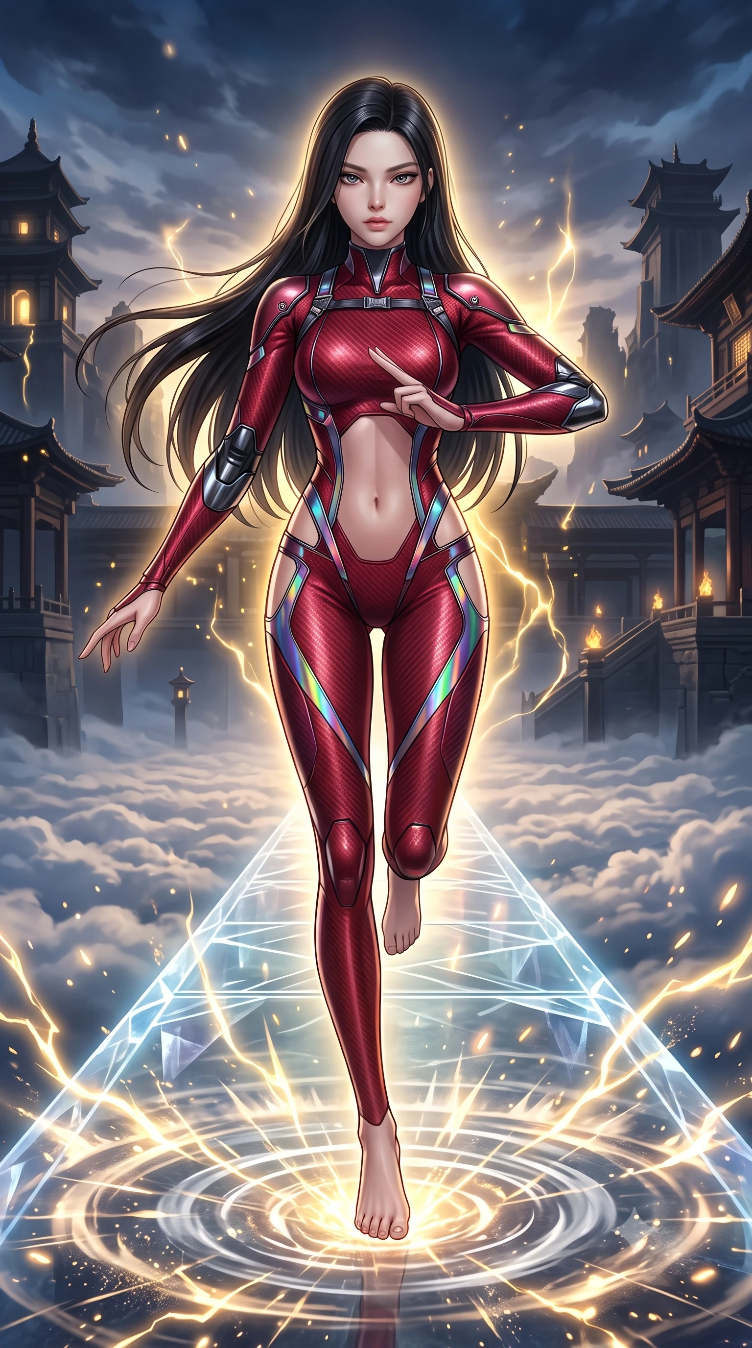 score_9, masterpiece, best quality, ultra-detailed, high-budget anime keyframe, semi-realistic 3D game render, editorial fashion photography, tasteful artistic composition, Korean woman. low angle full-body shot from head to toe showing her feet, filling the entire 9:16 vertical frame with her statuesque presence, stretching her vertical silhouette. landing gracefully from a high-altitude leap on one knee and palm, her statuesque silhouette framed by radial shockwave ripples in the ground while stepping along a glowing crystal bridge suspended above clouds with arms held in ancient martial arts harmony. The surrounding environment is rendered in vivid detail and crisp panoramic clarity. dramatic chiaroscuro contrast between glowing golden energy and dark mystical architecture in precision. She has an absolutely perfect, statuesque 8.5-heads proportion, an exceptionally tall and slender model-like female figure with impossibly long slender legs, a toned flat midriff, and an ultra-slim waist. sharp v-shaped jawline, high-bridge nose, intricate jewel-like eyes with depth, thick eyelashes, glossy lips with a natural sheen, flawlessly proportioned anatomical accuracy, strict slender model proportions, natural body alignment, perfectly sculpted long slender limbs, ultra-slim waistline, clean dynamic posture without body distortion. wearing a skin-tight crimson carbon-weave battle-suit with metallic dark chrome elbow dampers and hip-accentuating cutouts in high-gloss iridescent rainbow carbon with prism holographic sheen, made of lightweight aerodynamic carbon-titanium alloy with polished edge bevels, reinforced by a sleek titanium kinetic harness and glowing micro-energy straps, the liquid-tight tailored fabric emphasizing every curve of her tall, slender model proportions and sculptured silhouette during dynamic movement. surrounded by an awe-inspiring, ancient, and radiantly transcendent martial muse sovereignty aura. rich saturated anime colors with glowing neon highlights, detailed shading with soft gradients, rich glossy textures, high-contrast stereoscopic depth, volumetric dynamic lighting, master piece, 9:16 ratio
