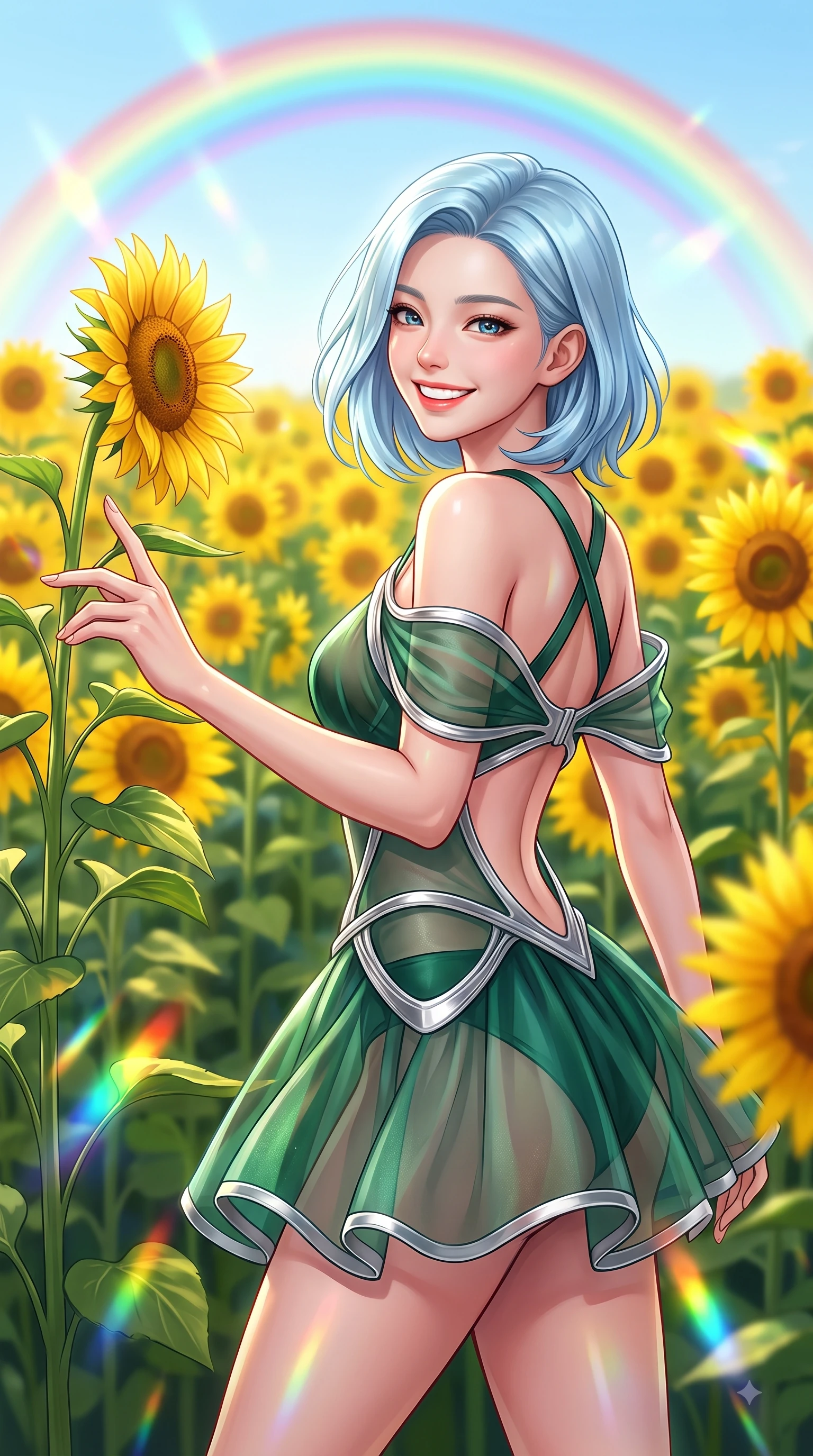 score_9, masterpiece, best quality, ultra-detailed, high-budget anime keyframe, editorial fashion photography, tasteful artistic composition, Korean woman. close-up cowboy shot from the waist and thighs up, the character dominates the composition, filling the frame with her large presence, background elements kept in soft focus. Gazing directly into the camera with a joyful, infectious smile as her torso curves dynamically in mid-stride while reaching out to touch a towering sunflower stalk while beaming happily into the camera lens, vivid golden sunflowers swaying in a gentle spring breeze under a radiant rainbow arc. She has an exceptionally elegant, slender, and willowy female figure with an ultra-slim waist, a gracefully sculpted slender torso, and a refined silhouette. sharp v-shaped jawline, high-bridge nose, intricate jewel-like eyes with depth, thick eyelashes, glossy lips with a natural sheen, flawlessly proportioned anatomical accuracy, natural body alignment, perfectly sculpted elegant limbs, clean dynamic posture without body distortion. wearing a dramatic open-waist cutout mini dress framed by sculptural hardware in deep emerald green and silver accent, woven from fine semi-opaque sheer organza, complemented by criss-cross back straps highlighting her bare shoulders, the sleek second-skin texture accentuating her magnetic presence. illuminated by dazzling rainbow refractions and bright, cheerful ambient sky glow. highly saturated vibrant anime colors, detailed shading with soft gradients, rich glossy textures, high-contrast stereoscopic depth, volumetric dynamic lighting, master piece, 9:16 ratio