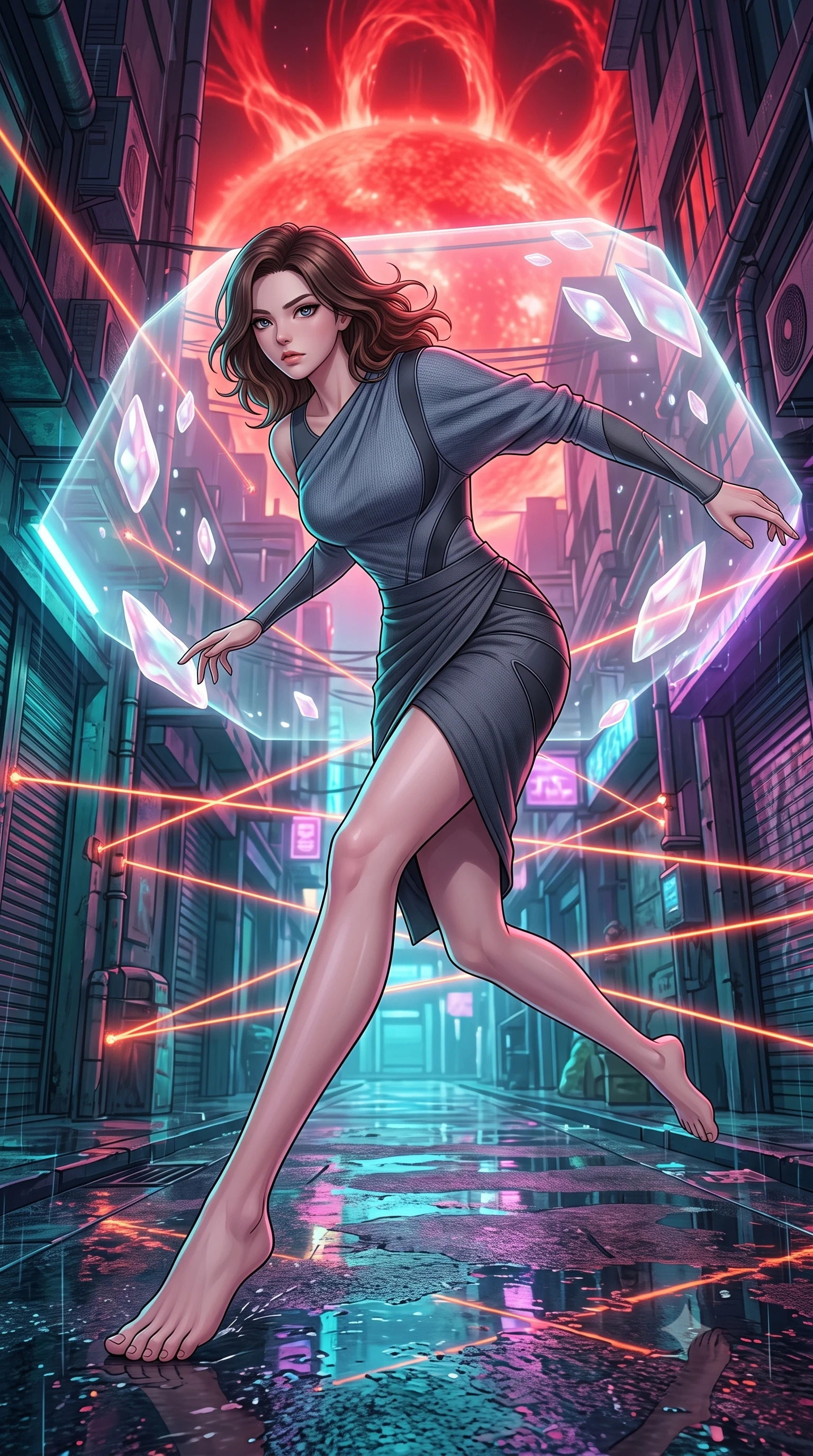 score_9, masterpiece, best quality, ultra-detailed, high-budget anime keyframe, editorial fashion photography, tasteful artistic composition, Korean woman. low angle full-body shot from head to toe showing her feet, filling the entire 9:16 vertical frame with her statuesque presence, stretching her vertical silhouette. dashing through rain-slicked cyberpunk alleyways, dodging laser tripwires with fluid agility through a protective shield platform near a red hypergiant star, massive arches of red plasma rising in the background. She has a statuesque 8.5-heads proportion, an exceptionally tall, slender and willowy model-like build with impossibly long legs and a highly sculpted ultra-slim waist. sharp v-shaped jawline, high-bridge nose, intricate jewel-like eyes with depth, thick eyelashes, glossy lips with a natural sheen. wearing tailored for maximum mobility, sleek form-contouring panels that allow fluid movement, a body-hugging asymmetric draped knit top in slate grey, paired with a matching high-waisted charcoal wrap skirt wrapping her hips. highly saturated vibrant anime colors, intense vivid color palette, soft 3D volumetric shading, volumetric dynamic lighting, ethereal pearlescent light emanating from floating crystalline formations all around. 2k, ultra detail, master piece, 9:16 ratio