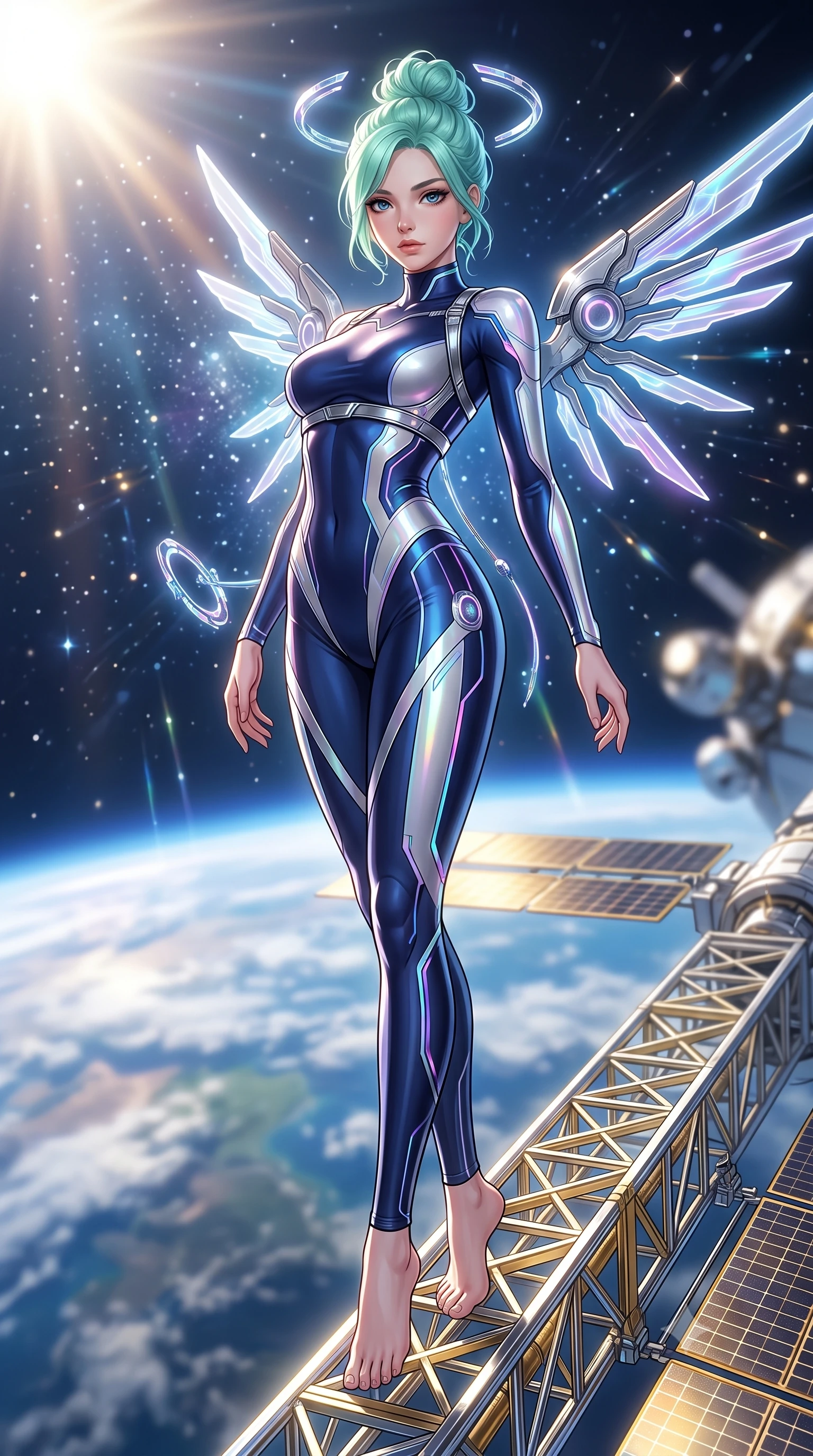 score_9, masterpiece, best quality, ultra-detailed, high-budget anime keyframe, editorial fashion photography, tasteful artistic composition, Japanese woman. low angle full-body shot from head to toe showing her feet, filling the entire 9:16 vertical frame with her statuesque presence, stretching her vertical silhouette. arching her back gracefully in mid-air as glowing mechanical wings and floating cybernetic halos frame her statuesque presence while standing poised on the gold and chrome solar array truss of a massive orbital space station overlooking planet Earth. The composition keeps background elements in soft focus with creamy bokeh. brilliant solar flare rays and starlight scattering radiant light motes across a deep space backdrop. She has an absolutely perfect, statuesque 8.5-heads proportion, an exceptionally tall and slender model-like female figure with impossibly long slender legs, a toned flat midriff, and an ultra-slim waist. sharp v-shaped jawline, high-bridge nose, intricate jewel-like eyes with depth, thick eyelashes, glossy lips with a natural sheen, flawlessly proportioned anatomical accuracy, strict slender model proportions, natural body alignment, perfectly sculpted long slender limbs, ultra-slim waistline, clean dynamic posture without body distortion. wearing a statuesque midnight cobalt and polished platinum bodysuit featuring sleek aerodynamic contour lines and glowing circuit accents in iridescent holographic chrome with prism violet highlights, made of liquid jersey fabric that clings flawlessly to every contour of her build, reinforced by a sleek metallic chrome harness and delicate glowing micro-straps, the sleek second-skin cut tightly hugging her graceful clavicle, narrow waist, and feminine curves with athletic precision. bathed in dazzling high-noon orbital sunlight and rich blue planetary ambient bounce light. ultra-reflective glossy finish, specular highlights, dark metallic sheen, high-contrast stereoscopic depth, volumetric dynamic lighting, 2k, ultra detail, master piece, 9:16 ratio