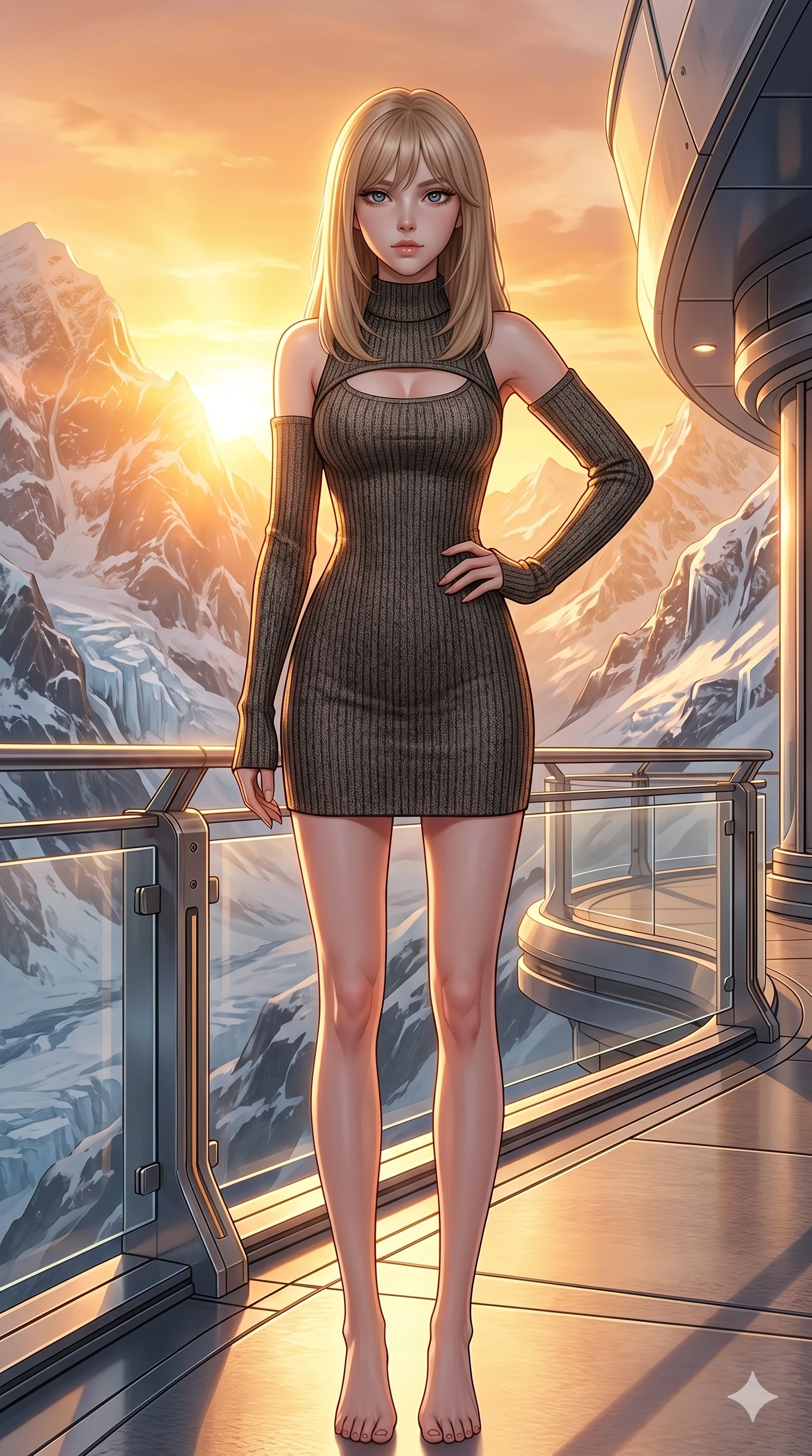score_9, masterpiece, best quality, ultra-detailed, high-budget anime keyframe, editorial fashion photography, tasteful artistic composition, Japanese woman. cowboy shot from the thighs up, character and outfit filling the frame for maximum editorial presence. resting her hand on her hip, looking past the camera with serene, confident self-assurance on a private viewing deck of a futuristic mountain resort (Code-P16-105). She has an absolutely perfect 8-heads proportion, an exceptionally tall and slender female figure with impossibly long slender legs and an ultra-slim waist. V-shaped jawline, high-bridge nose, intricate jewel-like eyes with depth, thick eyelashes, glossy lips with a natural sheen. wearing a cozy ribbed bodycon dress with a tasteful chest slit and long detached sleeves. warm golden sunset light pouring over the snowy mountains, creating a bright glowing aura. 2k, ultra detail, master piece, 9:16 ratio
