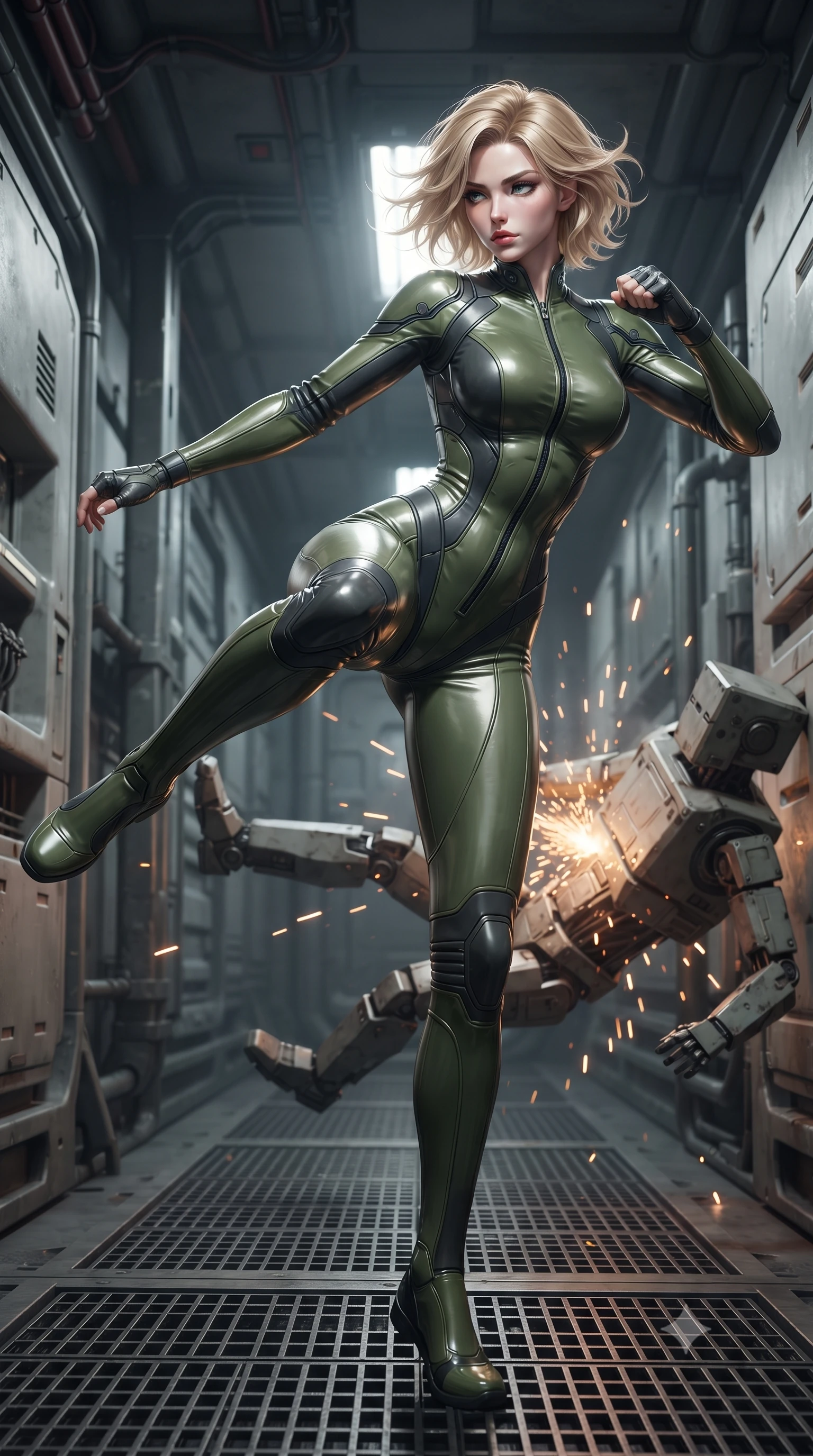 score_9, masterpiece, best quality, ultra-detailed, high-budget anime keyframe, editorial fashion photography, tasteful artistic composition, realistic cosplay photography, Caucasian woman, strictly human ears. low angle full-body shot from head to toe showing her feet, filling the entire 9:16 vertical frame with her statuesque presence, stretching her vertical silhouette. executing a lightning-fast low sweep kick to knock down a security android on a metal catwalk within a pressurized corridor between two ships, a mechanical seal glitching and sparks flying from panels. She has a statuesque 8.5-heads proportion, an exceptionally tall, slender and willowy model-like build with impossibly long legs and a highly sculpted ultra-slim waist. sharp v-shaped jawline, high-bridge nose, intricate jewel-like eyes with depth, thick eyelashes, glossy lips with a natural sheen. wearing the lightweight fabric rippling and billowing dramatically with her movement, a tailored body-hugging tactical bodysuit in olive green and charcoal, with form-contouring side panels that emphasize her waist. stroboscopic white light from short-circuiting cables casting fast-moving shadows. ultra-reflective glossy finish, specular highlights, metallic sheen, high-contrast stereoscopic depth, volumetric dynamic lighting, 2k, ultra detail, master piece, 9:16 ratio