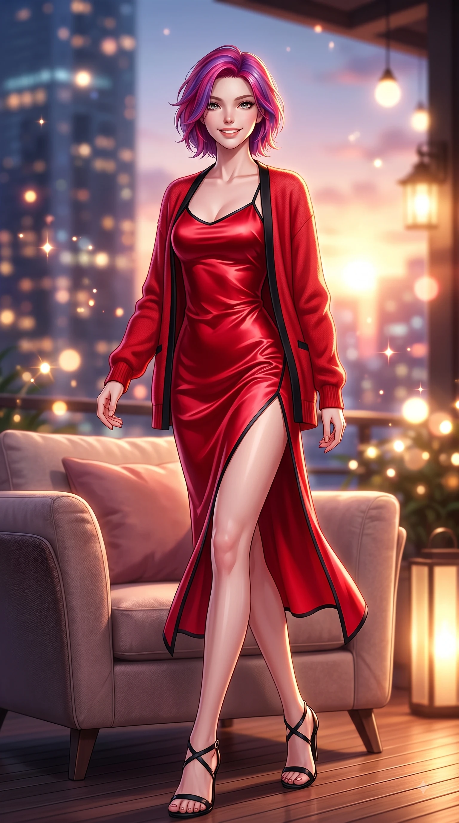 score_9, masterpiece, best quality, ultra-detailed, high-budget anime keyframe, editorial fashion photography, tasteful artistic composition, Caucasian woman. low angle full-body shot from head to toe showing her feet, filling the entire 9:16 vertical frame with her statuesque presence, stretching her vertical silhouette. walking forward in a proud dynamic stride with a cheerful beaming smile, her vertical silhouette filling the frame while lounging in a plush designer chair under warm ambient outdoor terrace lights. The composition keeps background elements in soft focus with dreamy bokeh. twinkling city tower lights and glowing sunset sky blurred into sparkling urban bokeh. She has an absolutely perfect, statuesque 8.5-heads proportion, an exceptionally tall and slender model-like female figure with impossibly long slender legs and an ultra-slim waist. sharp v-shaped jawline, high-bridge nose, intricate jewel-like eyes with depth, thick eyelashes, glossy lips with a natural sheen, flawlessly proportioned anatomical accuracy, natural body alignment, perfectly sculpted elegant limbs, clean dynamic posture without body distortion. wearing a glossy satin slip dress layered under a soft cashmere cardigan in vibrant scarlet red and sleek black trim, knitted from soft cozy cashmere yarn, featuring a sleek side leg slit ascending to mid-thigh, the elegant draped fit framing her graceful clavicle and slender torso. illuminated by crisp specular highlights and clear rim lighting. highly saturated vibrant anime colors, detailed shading with soft gradients, rich glossy textures, high-contrast stereoscopic depth, volumetric dynamic lighting, master piece, 9:16 ratio