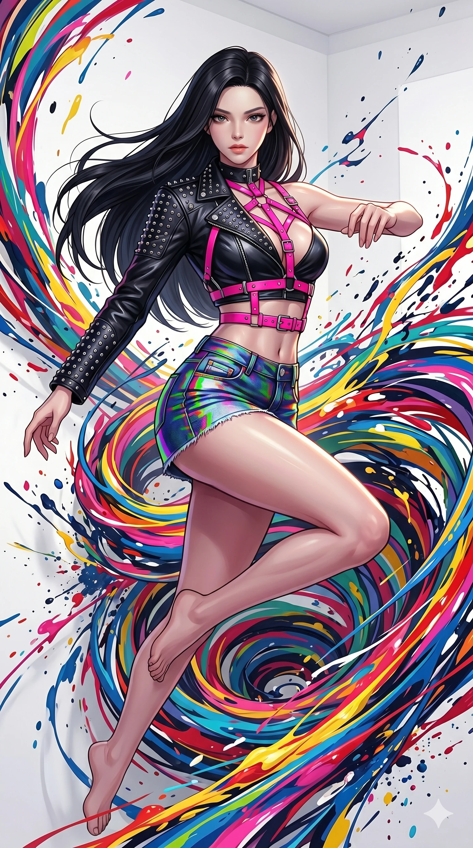 score_9, masterpiece, best quality, ultra-detailed, high-budget anime keyframe, Korean woman. upper body close-up from the thighs up, character filling the screen for maximum presence. leaping into a vorticist paint splatter dimension where thousands of vivid acrylic paint ribbons and splatters swirl around her in a white gallery void. She has an absolutely perfect 8-heads proportion, an exceptionally tall and slender female figure with impossibly long slender legs and an ultra-slim waist. V-shaped jawline, high-bridge nose, intricate jewel-like eyes with depth, thick eyelashes, glossy lips with a natural sheen.. wearing a glitch denim and studded leather outfit, featuring an RGB glitch pattern denim micro-skirt, a single-sleeve cropped leather jacket, and neon pink harness straps. lit by a soft glowing ambient light and a sharp side key light that traces the sleek contours of her athletic build. 2k, ultra detail, master piece, 9:16 ratio