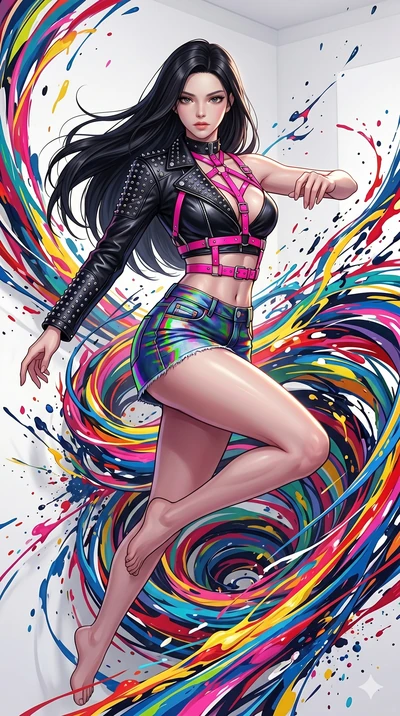 score_9, masterpiece, best quality, ultra-detailed, high-budget anime keyframe, Korean woman. upper body close-up from the thighs up, character filling the screen for maximum presence. leaping into a vorticist paint splatter dimension where thousands