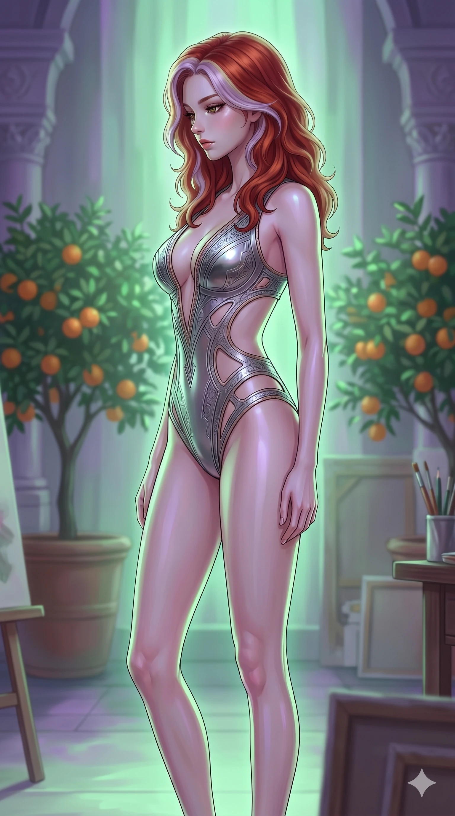 score_9, masterpiece, best quality, ultra-detailed, high-budget anime keyframe, editorial fashion photography, tasteful artistic composition, Caucasian woman, strictly human ears. cowboy shot from the thighs up, character and outfit filling the frame for maximum editorial presence. standing in a sharp profile pose, looking down with a composed expression inside an art studio with orange trees (Code-P17-133). She has an absolutely perfect 8-heads proportion, an exceptionally tall and slender female figure with impossibly long slender legs and an ultra-slim waist. V-shaped jawline, high-bridge nose, intricate jewel-like eyes with depth, thick eyelashes, glossy lips with a natural sheen. wearing a metallic bodysuit with side cutouts and plunging neck. soft green and violet bioluminescent ambient light, creating a mystical, glowing atmosphere. 2k, ultra detail, master piece, 9:16 ratio