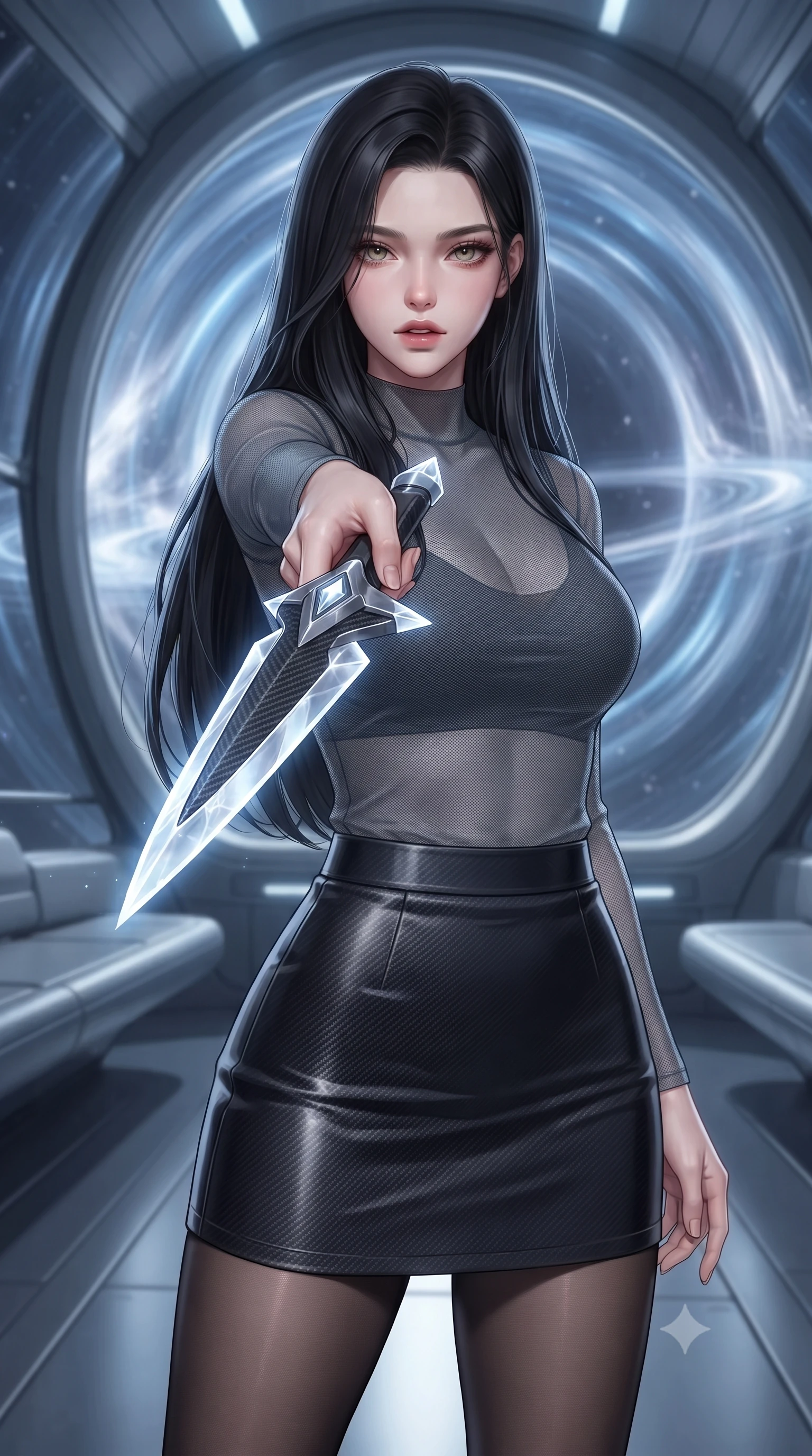 score_9, masterpiece, best quality, ultra-detailed, high-budget anime keyframe, editorial fashion photography, tasteful artistic composition, Korean woman. close-up cowboy shot from the waist and thighs up, the character dominates the composition, filling the frame with her large presence, background elements kept in soft focus. pointing a crystal-edged laser dagger forward in a defensive stance, tilting her chin up slightly with lips parted in a composed pose, the background shows a soft-focus a spaceship observation lounge with curved glass walls showing a gravitational warp. She has an exceptionally elegant, slender, and willowy female figure with an ultra-slim waist, a gracefully sculpted slender torso, and a refined silhouette. sharp v-shaped jawline, high-bridge nose, intricate jewel-like eyes with depth, thick eyelashes, glossy lips with a natural sheen. wearing a slim-fit semi-transparent mesh top in slate grey, paired with a carbon-fiber mini skirt and sheer stockings. cool silver light reflecting from the warp rings, wrapping her form in a soft glaze. ultra-reflective glossy finish, specular highlights, metallic sheen, high-contrast stereoscopic depth, volumetric dynamic lighting, 2k, ultra detail, master piece, 9:16 ratio