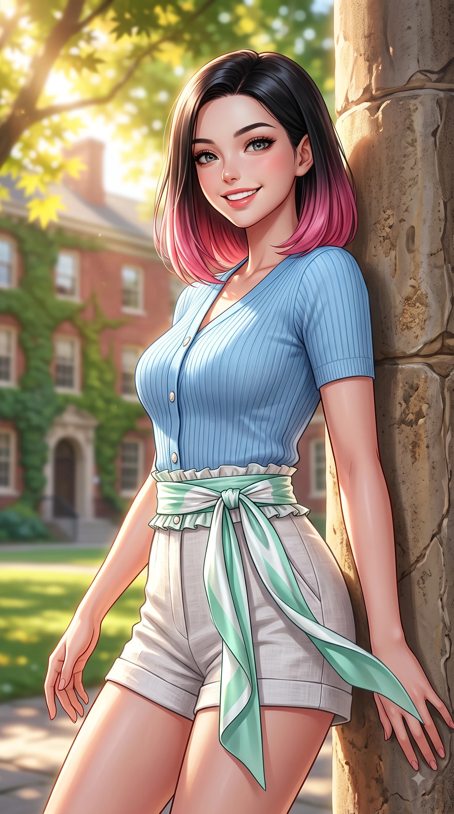 score_9, masterpiece, best quality, ultra-detailed, high-budget anime keyframe, editorial fashion photography, tasteful artistic composition, Korean woman. close-up cowboy shot from the waist and thighs up, the character dominates the composition, filling the frame with her large presence. Radiant youthful grin reflecting girlhood charm while casting a playful, joyful side-gaze with heavy lashes while leaning against an antique stone column in a sun-drenched university quadrangle with a sweet grin. The composition keeps background elements in soft focus with dreamy bokeh. ivy-covered red-brick academic halls and sunlit maple canopies blurring into soft green and gold bokeh. She has an exceptionally elegant, slender, and willowy female figure with an ultra-slim waist, a gracefully sculpted slender torso, and a refined silhouette. sharp v-shaped jawline, high-bridge nose, intricate jewel-like eyes with depth, thick eyelashes, glossy lips with a natural sheen, flawlessly proportioned anatomical accuracy, natural body alignment, perfectly sculpted elegant limbs, clean dynamic posture without body distortion. wearing a sky-blue ribbed short-sleeve cardigan with high-waist linen shorts and a dainty waist sash in refreshing mint green and crisp white, crafted from smooth fluid silk satin, finished with subtle ruffle trims and delicate pearl buttons, the soft airy drape swaying gracefully with her dynamic movements. bathed in brilliant sunny morning light filtering through tree canopies. highly saturated vibrant anime colors, detailed shading with soft gradients, rich glossy textures, high-contrast stereoscopic depth, volumetric dynamic lighting, master piece, 9:16 ratio