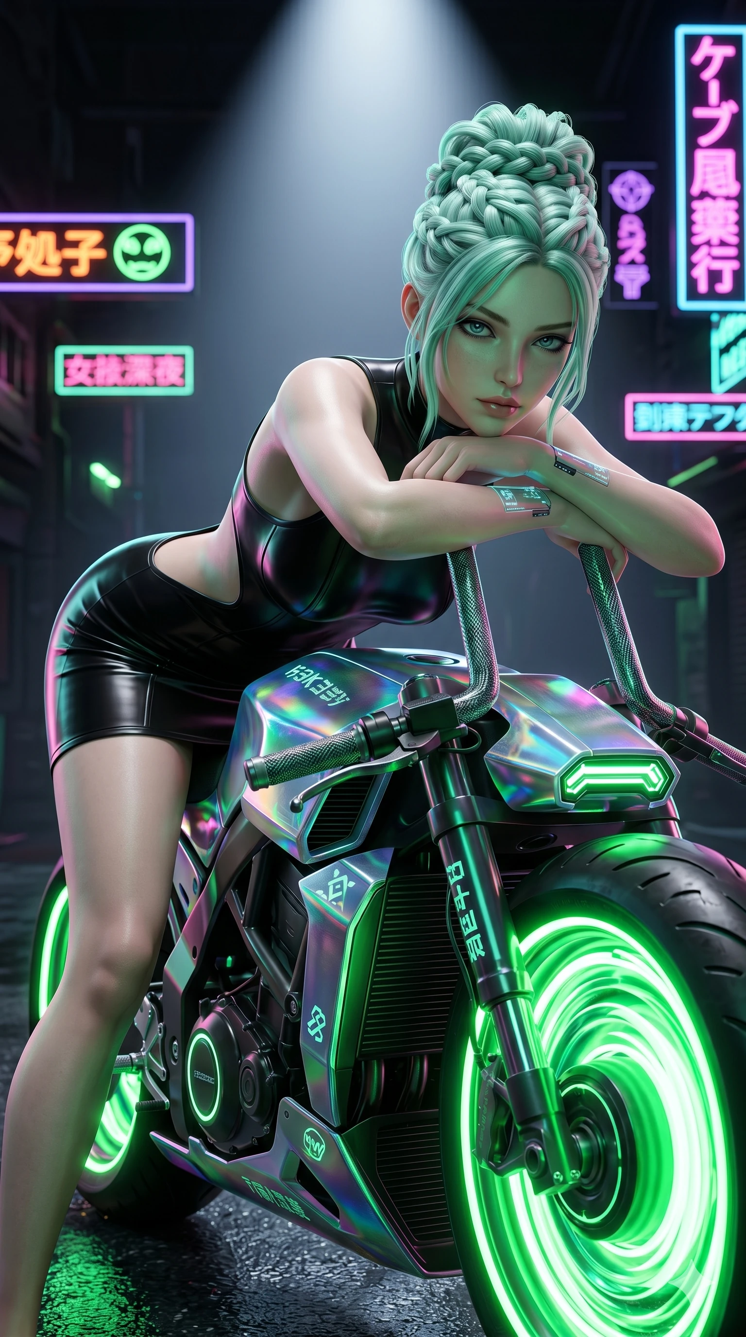 score_9, masterpiece, best quality, ultra-detailed, high-budget anime keyframe, semi-realistic 3D game render, Japanese woman. Upper body close-up from the thighs up, character filling the screen for maximum presence. She is leaning over a sleek, glowing holographic cyberpunk motorcycle. She rests her chin on the handlebars, looking directly at the camera with an intense, sultry gaze. She has an absolutely perfect 8-heads proportion, an exceptionally tall and slender female figure with impossibly long slender legs and an ultra-slim waist. V-shaped jawline, high-bridge nose, intricate jewel-like eyes with depth, thick eyelashes, glossy lips with a natural sheen. She is wearing a second-skin fashion-latex mini dress with a clean architectural front, featuring an open-back design that wraps around the sides of her waist, showcasing her slender silhouette. The scene is lit by the neon green wheels of the bike and a bright overhead studio spotlight. 2k, ultra detail, master piece, 9:16 ratio