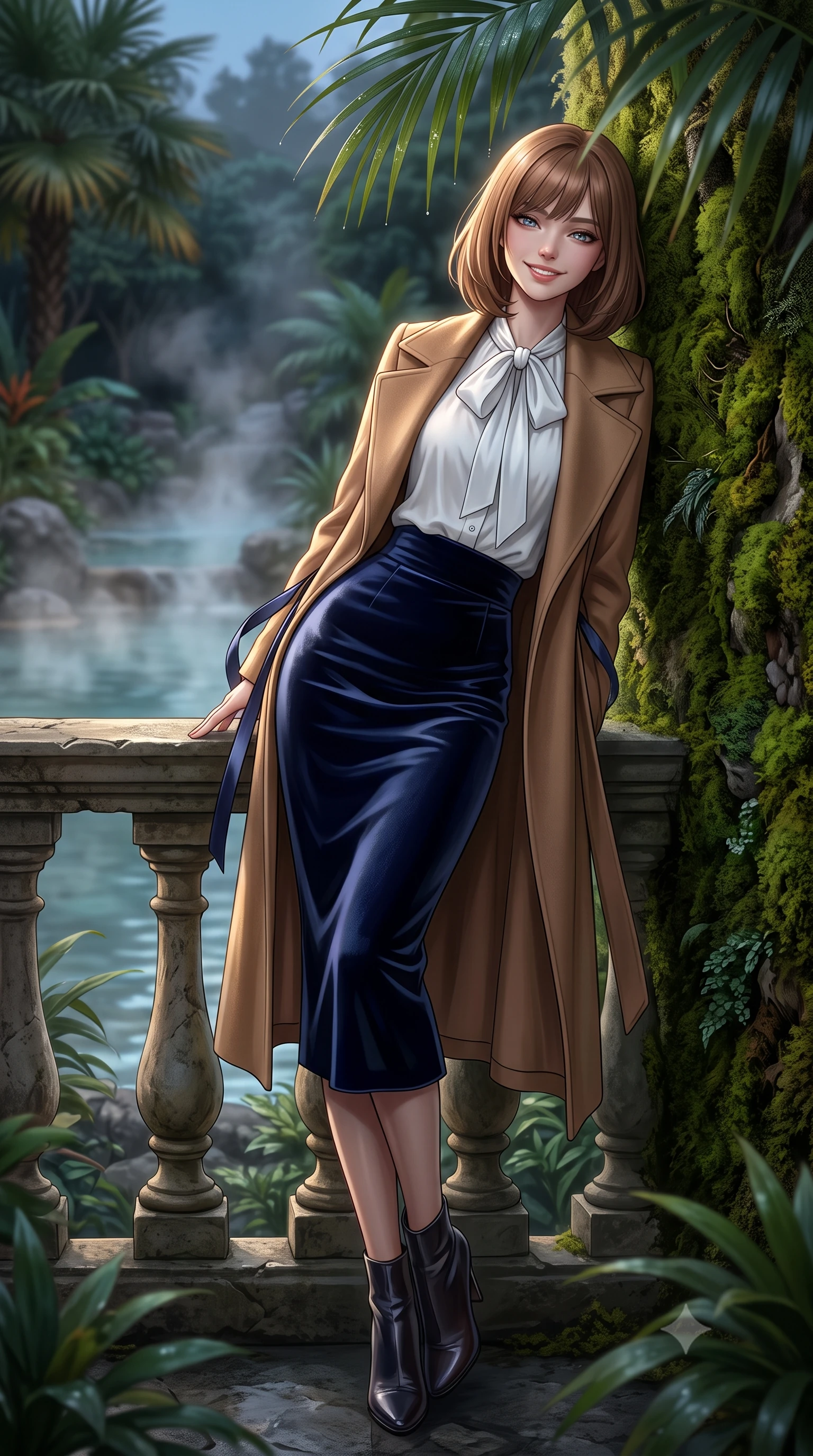 score_9, masterpiece, best quality, ultra-detailed, high-budget anime keyframe, editorial fashion photography, tasteful artistic composition, Caucasian woman. low angle full-body shot from head to toe showing her feet, filling the entire 9:16 vertical frame with her statuesque presence, stretching her vertical silhouette. leaning deep against the balcony balustrade with hips cocked back in an unapologetically alluring high-fashion stance, casting an intoxicating glance while leaning against the lush vertical moss wall with hips cocked back, looking through dewy tropical palms with heavy-lidded bedroom-eyes. The background shows a soft-focus rising geothermal water vapor softened in exclusive botanical retreat shallow focus. She has an exceptionally tall and slender model-like 8.5-heads proportion, an ultra-slim waist, a flat toned midriff, narrow delicate ribcage, and beautifully sculpted feminine hips creating a graceful, slim hourglass silhouette without any bulky heaviness, with impossibly long slender legs. sharp v-shaped jawline, high-bridge nose, intricate jewel-like sparkling eyes with depth, thick eyelashes, glossy parted lips with a natural peach sheen, bright cheerful beaming smile with an enchanting and coquettish sensual glint, exuding both youthful cute charm and seductive allure, flawlessly proportioned anatomical accuracy, strict slender model proportions, natural body alignment, perfectly sculpted long slender limbs, ultra-slim waistline, clean dynamic posture without body distortion. wearing a tailored double-faced camel cashmere wrap coat draped over a silk georgette bow-tie blouse and pencil skirt in Mount Fuji snow-peak white and midnight indigo silk, tailored from ultra-plush silk velvet with rich tactile depth and deep shadow gradients, finished with satin ribbon ties at the shoulders fluttering in the gentle breeze, the bespoke structured tailoring following the natural line of her 8.5-heads silhouette with refined elegance. illuminated by mineral pool specular bounce and sharp gold-cyan dual rim lights sculpting her jawline, narrow waist, and curvy hips. ultra-reflective glossy finish, specular highlights, rich textural contrasts, high-contrast stereoscopic depth, volumetric dynamic lighting, 2k, ultra detail, master piece, 9:16 ratio