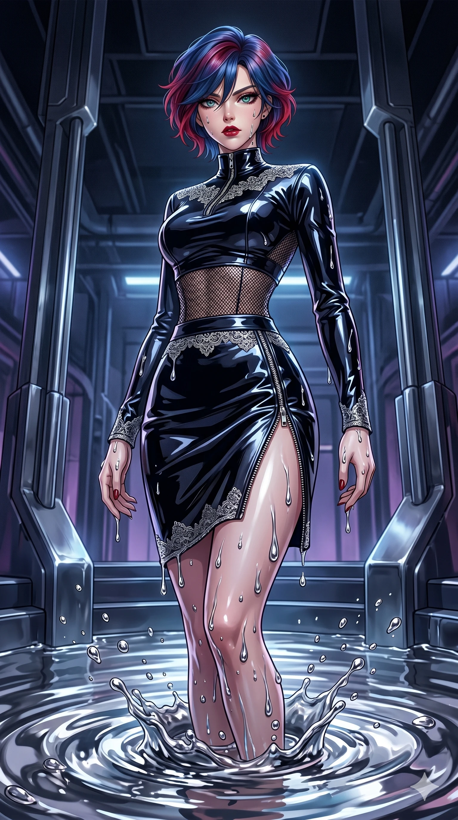 score_9, masterpiece, best quality, ultra-detailed, High-budget Anime Keyframe, East Asian woman. Dynamic full-body shot stretching the vertical silhouette to the limit. Scenario 294: Rising from a pool of mercury-like liquid, droplets rolling off her skin. Her presence is magnetic and overpowering in this high-budget anime scene. Outfit 294: A patent leather micro-mesh with a unzipped detail and delicate lace embroidery. The clothing is designed to emphasize her exceptionally tall and slender 8-heads proportion. 8-heads proportion, towering silhouette, ultra-slim waist. sharp v-shaped jawline, intricate jewel-like eyes with depth, thick eyelashes, glossy lips. 2k, ultra detail, master piece, 9:16 ratio