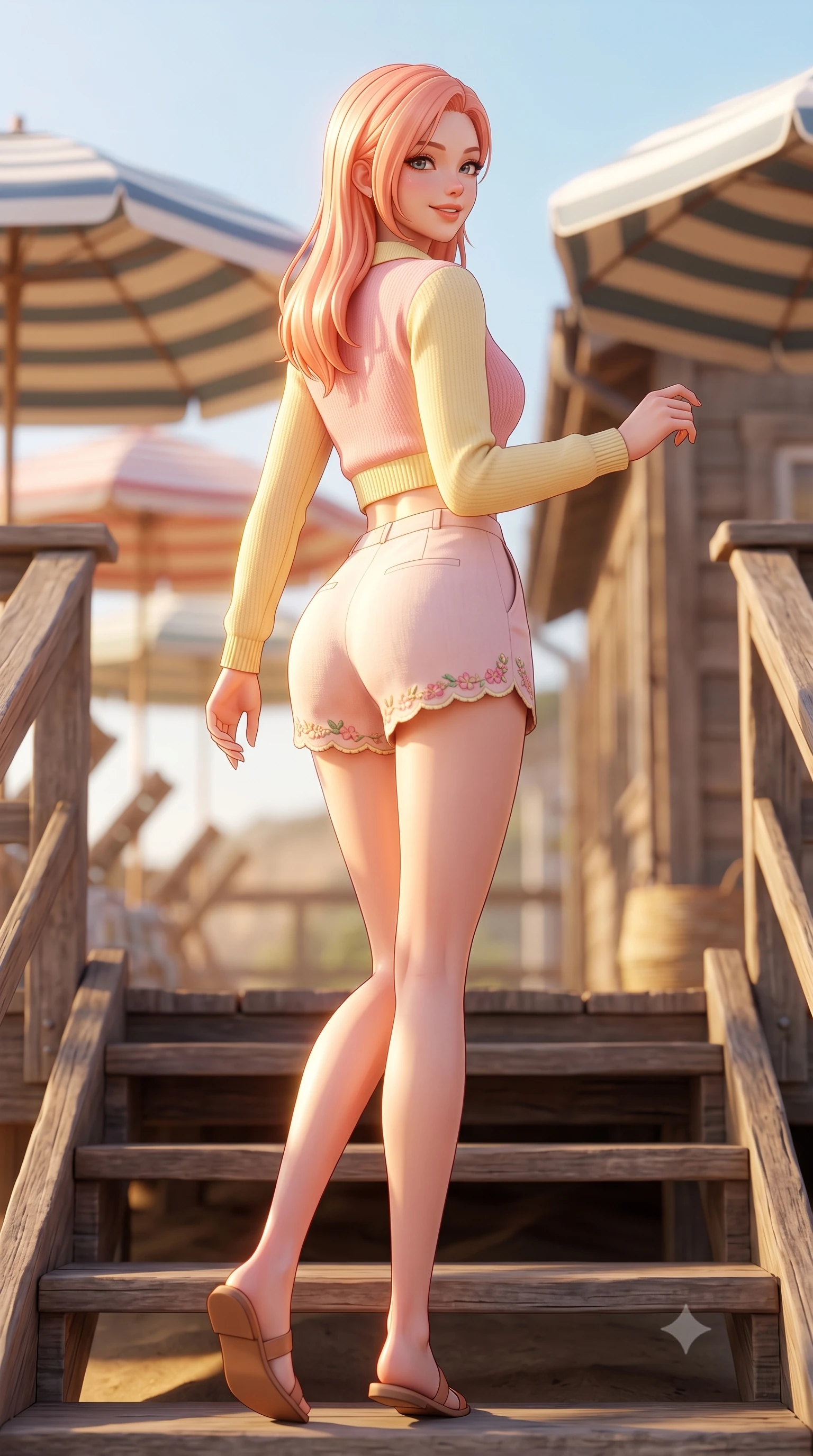 score_9, masterpiece, best quality, ultra-detailed, high-budget anime keyframe, semi-realistic 3D game render, editorial fashion photography, tasteful artistic composition, Japanese woman. low angle full-body shot from head to toe showing her feet, filling the entire 9:16 vertical frame with her statuesque presence, stretching her vertical silhouette. posing with back turned slightly to the lens, glancing back with an enchanting, playful smile as she arches her lower back to emphasize her sculpted feminine hips and slender waist while walking gracefully down the private beach boardwalk steps with a beaming smile, her breezy resort wear hugging her narrow waist and hips. The composition keeps background elements in soft focus with dreamy creamy bokeh. striped beach umbrellas and rustic cottage woodwork softened in relaxed California shallow focus. She has an exceptionally tall and slender model-like 8.5-heads proportion, an ultra-slim waist, a flat toned midriff, narrow delicate ribcage, and beautifully sculpted feminine hips creating a graceful, slim hourglass silhouette without any bulky heaviness, with impossibly long slender legs. sharp v-shaped jawline, high-bridge nose, intricate jewel-like sparkling eyes with depth, thick eyelashes, glossy parted lips with a natural peach sheen, bright cheerful beaming smile with an enchanting and coquettish sensual glint, exuding both youthful cute charm and seductive allure, flawlessly proportioned anatomical accuracy, strict slender model proportions, natural body alignment, perfectly sculpted long slender limbs, ultra-slim waistline, clean dynamic posture without body distortion. wearing a cropped knitted polo sweater paired with high-cut tailored tennis shorts hugging her rounded hips in sweet strawberry milk pink and butter yellow, crafted from soft breathable linen with effortless natural drape, complemented by delicate embroidered floral trim along the hem, the high-waisted tailoring accentuating her ultra-slim waistline and the enchanting curve of her feminine hips with alluring charm. bathed in brilliant golden hour California sunlight streaming across the ocean water. highly saturated vibrant anime colors, detailed shading with soft gradients, rich glossy textures, high-contrast stereoscopic depth, volumetric dynamic lighting, master piece, 9:16 ratio