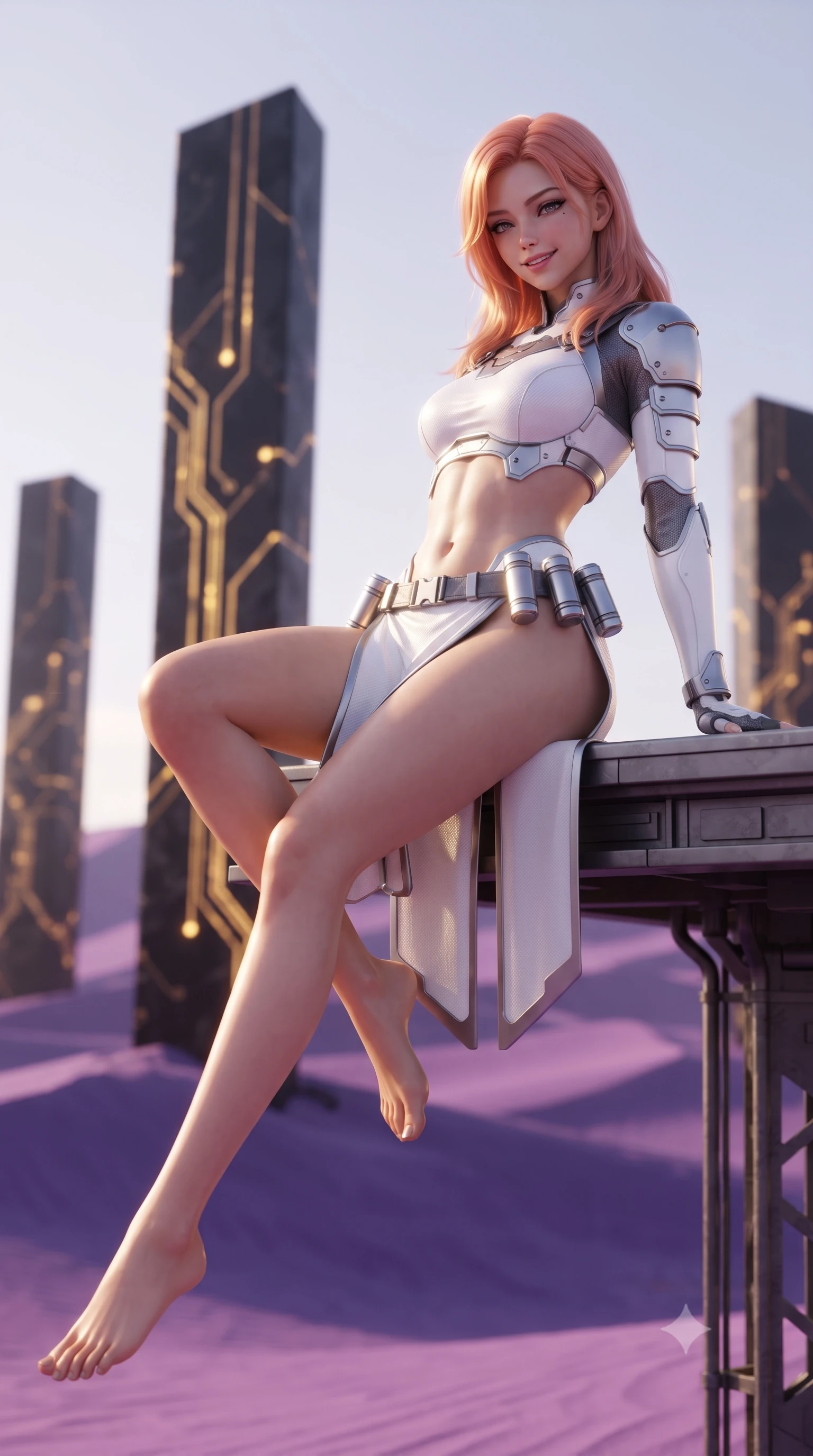 score_9, masterpiece, best quality, ultra-detailed, high-budget anime keyframe, editorial fashion photography, tasteful artistic composition, Japanese woman. low angle full-body shot from head to toe showing her feet, filling the entire 9:16 vertical frame with her statuesque presence, stretching her vertical silhouette. sitting perched on the elevated maintenance gantry edge with legs crossed and hips angled toward the camera, displaying her toned midriff and long slender limbs with joyful, coquettish charm while standing poised between colossal black obsidian monoliths rising from alien dunes, arching her back with sovereign ancient-future grace. The background shows a soft-focus soaring obsidian monoliths with glowing golden circuit etchings and rolling violet sand dunes blurred into copper, amethyst, and gold bokeh. She has an absolutely perfect, statuesque 8.5-heads proportion, an exceptionally tall and slender model-like female figure with impossibly long slender legs, an ultra-slim waist, a flat toned midriff, narrow delicate ribcage, and beautifully sculpted feminine hips creating a graceful, slim hourglass silhouette without any bulky heaviness. sharp v-shaped jawline, high-bridge nose, intricate jewel-like sparkling eyes with depth, thick eyelashes, glossy parted lips with a natural sheen, bright confident smile with an enchanting and coquettish sensual glint, exuding both youthful magnetic charm and sovereign high-tech allure, flawlessly proportioned anatomical accuracy, strict slender model proportions, natural body alignment, perfectly sculpted long slender limbs, ultra-slim waistline, clean dynamic posture without body distortion. wearing a cyber-samurai tactical suit featuring a shortened carbon chestplate and high-slit armored wrap skirt in pure alabaster white and brushed silver accents, crafted from lightweight aerodynamic matte carbon-fiber weave with structural stiffness, accented with a sleek utility belt with polished magnetic canisters resting loosely on her curvy hips, the precision-cut side openings and low-back scoop framing her graceful spine and the sensual sweep of her slim, toned hips. illuminated by glowing monolith circuit veins and sharp golden-amber rim lights sculpting her razor-sharp jawline, narrow waist, and curvy hips. ultra-reflective glossy finish, specular highlights, rich textural contrasts, high-contrast stereoscopic depth, volumetric dynamic lighting, 2k, ultra detail, master piece, 9:16 ratio