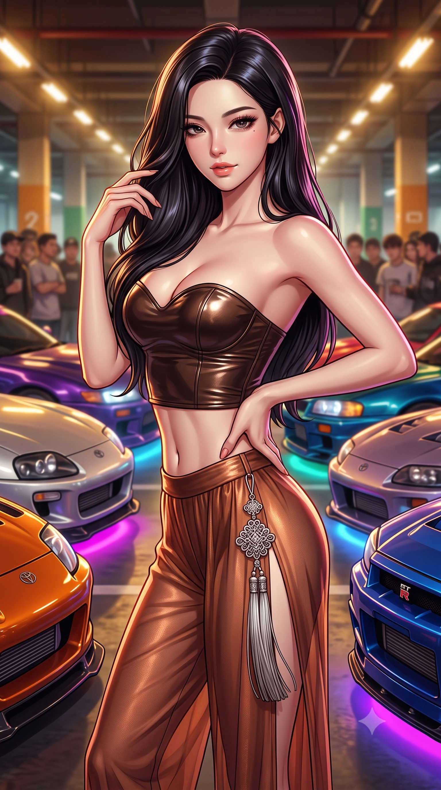 score_9, masterpiece, best quality, ultra-detailed, high-budget anime keyframe, semi-realistic 3D game render, editorial fashion photography, tasteful artistic composition, Korean woman. close-up cowboy shot from the waist and thighs up, the character dominates the composition, filling the frame with her large presence. twisting her slender torso in an alluring contrapposto stance, one hand resting on her sculpted hip while her fingers toy with her hair with effortless poise while standing poised between rows of polished classic Japanese turbos, arching her lower back with seductive racing queen glamour. The background shows a soft-focus gathering car enthusiasts softened in legendary Japanese automotive shallow focus. She has an exceptionally elegant, slender, and willowy female figure with an ultra-slim waist, flat toned midriff, narrow ribcage, and sculpted feminine hips creating an alluring, slim hourglass silhouette without bulk. sharp v-shaped jawline, high-bridge nose, sparkling eyes with hypnotic seductive depth, thick curled eyelashes, glossy parted lips with a natural dewy peach sheen, alluring bedroom-eyes with an enchanting coquettish smile, exuding magnetic siren charisma and sophisticated glamour, flawlessly proportioned anatomical accuracy, strict slender model proportions, natural body alignment, perfectly sculpted long slender limbs, ultra-slim waistline, clean dynamic posture without body distortion. wearing a strapless wet-look vinyl bustier paired with sheer chiffon high-slit trousers in sultry espresso bronze and metallic copper, woven from buttery-soft stretch lambskin leather adhering to her body like a second skin, accented with an intricate silver norigae tassel swaying gracefully along her curving hip line, the high-slit wrap tailoring accentuating her ultra-slim waistline and the enchanting curve of her feminine hips with alluring seductive charm. bathed in warm industrial sodium-vapor parking floodlights mixed with vibrant car neon underglow. highly saturated vibrant anime colors, detailed shading with soft gradients, rich glossy textures, high-contrast stereoscopic depth, volumetric dynamic lighting, master piece, 9:16 ratio