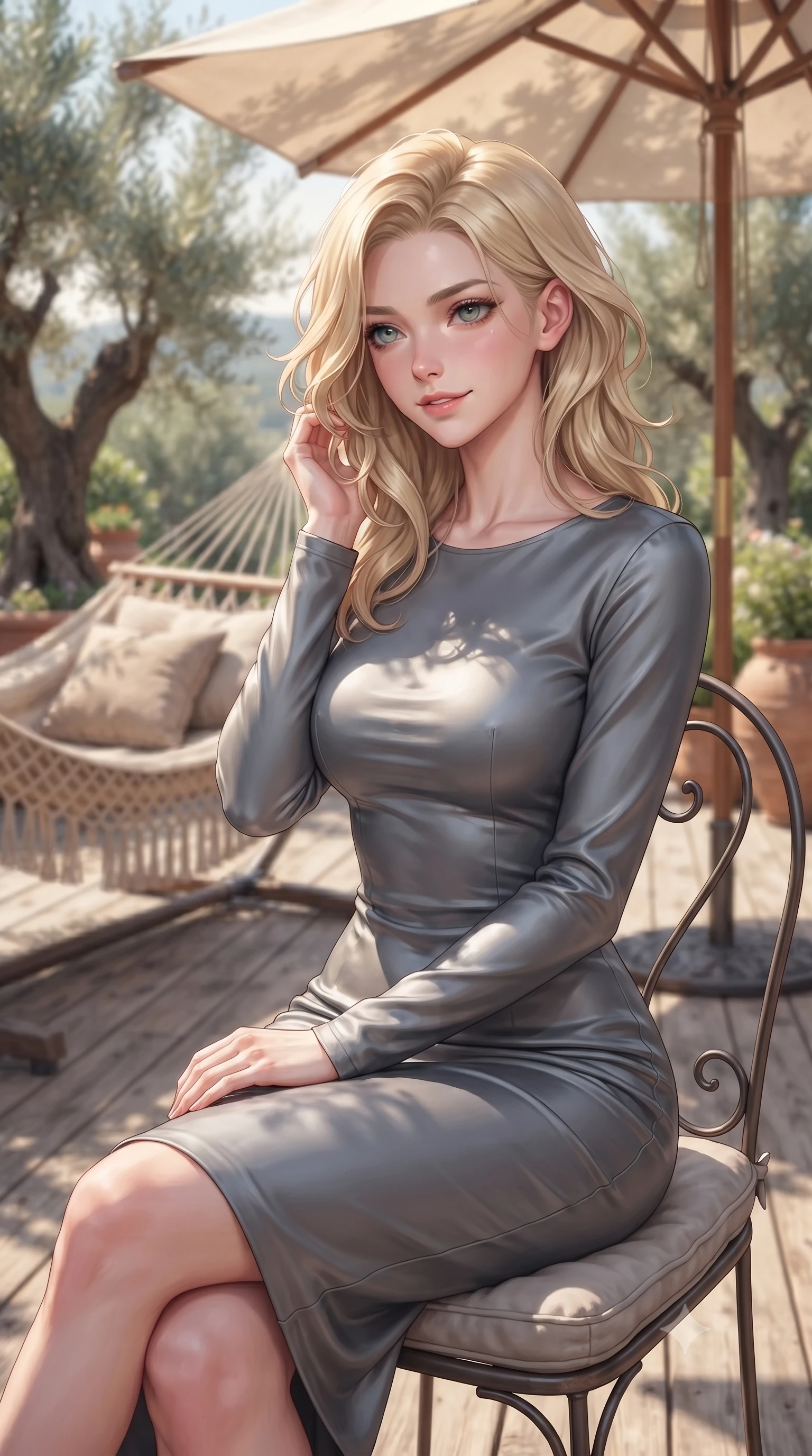 score_9, masterpiece, best quality, ultra-detailed, high-budget anime keyframe, editorial fashion photography, tasteful artistic composition, Caucasian woman. close-up cowboy shot from the waist and thighs up, the character dominates the composition, filling the frame with her large presence, background elements kept in soft focus. gazing past the camera with an alluring, daydreaming expression and a sweet half-smile set against a soft-focus background of on a sunny garden patio of a Tuscan-style villa with olive trees with a cozy woven hammock and soft cushions arranged on the wooden deck. She has an exceptionally elegant, slender, and willowy female figure with an ultra-slim waist, a gracefully sculpted slender torso, and a refined silhouette. sharp v-shaped jawline, high-bridge nose, intricate jewel-like eyes with depth, thick eyelashes, glossy lips with a natural sheen. wearing tailored body-hugging long-sleeve silk dress in slate grey, following her form elegantly. dappled sunlight filtering through the canvas umbrella onto her skin. highly saturated vibrant anime colors, detailed shading with soft gradients, rich glossy textures, high-contrast stereoscopic depth, volumetric dynamic lighting, master piece, 9:16 ratio