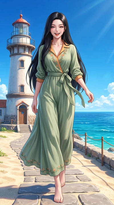 score_9, masterpiece, best quality, ultra-detailed, high-budget anime keyframe, semi-realistic 3D game render, editorial fashion photography, tasteful artistic composition, Korean woman. low angle full-body shot from head to toe showing her feet, fil