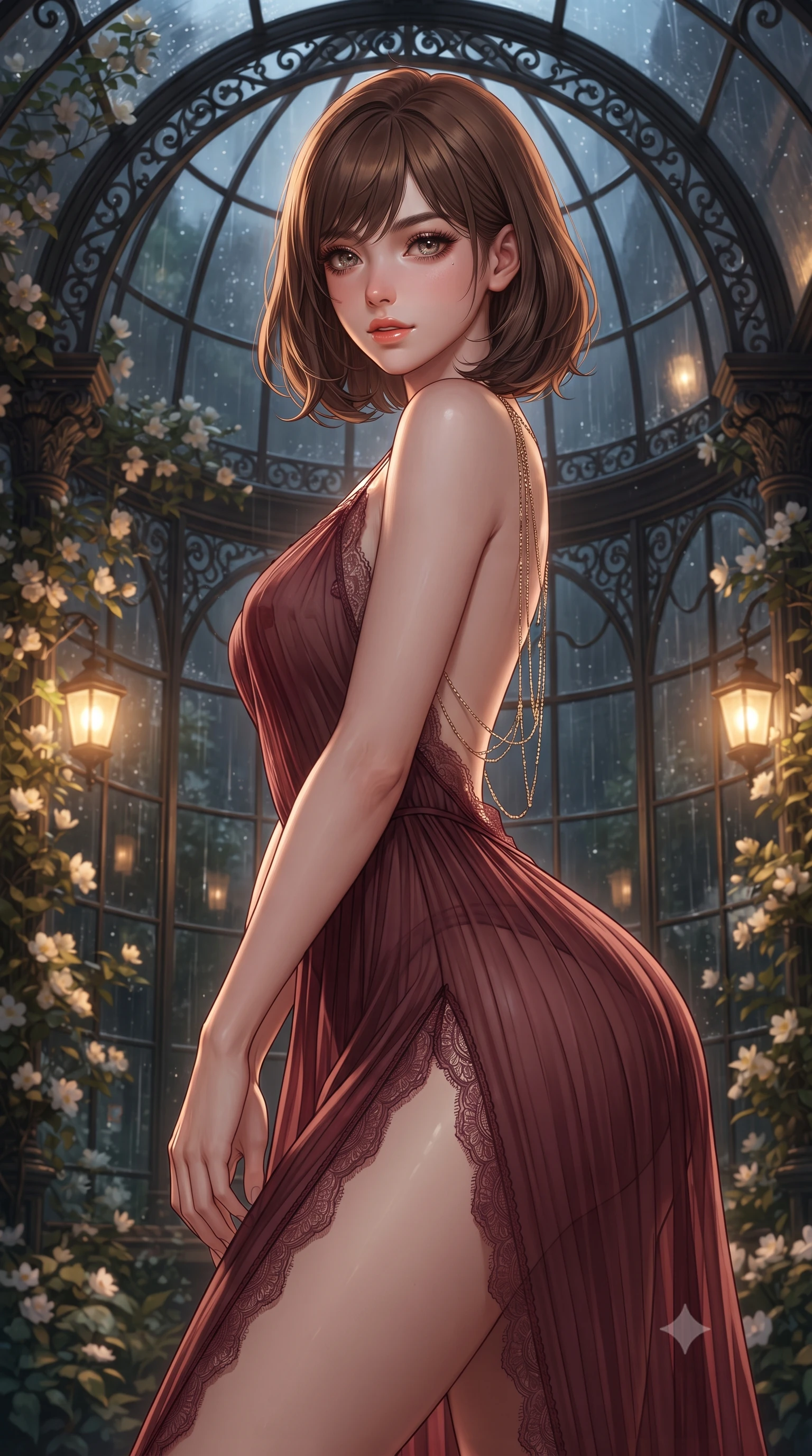 score_9, masterpiece, best quality, ultra-detailed, high-budget anime keyframe, editorial fashion photography, tasteful artistic composition, Caucasian woman. close-up cowboy shot from the waist and thighs up, the character dominates the composition, filling the frame with her large presence. leaning forward while arching her lower back to accentuate her curvy hips, looking into the camera with an intoxicating smoldering gaze and bedroom-eyes while standing poised beneath the curved Victorian wrought-iron glass dome, arching her spine with high-fashion ease as nocturnal London rain taps against the glass. The background shows a soft-focus indoor climbing jasmine blossoms softened in bohemian-luxe rooftop conservatory shallow focus. She has an exceptionally elegant, slender, and willowy female figure with an ultra-slim waist, flat toned midriff, narrow ribcage, and sculpted feminine hips creating an alluring, slim hourglass silhouette without bulk. sharp v-shaped jawline, high-bridge nose, intricate jewel-like sparkling eyes with depth, thick eyelashes, glossy parted lips with a natural peach sheen, bright cheerful beaming smile with an enchanting and coquettish sensual glint, exuding both youthful cute charm and seductive allure, flawlessly proportioned anatomical accuracy, strict slender model proportions, natural body alignment, perfectly sculpted long slender limbs, ultra-slim waistline, clean dynamic posture without body distortion. wearing an ethereal sheer pleated georgette resort slip dress with hip-high side slits and an open cowl back clinging in sea breezes in French boudoir bordeaux wine and antique brass, made of delicate semi-sheer French Chantilly lace with intricate eyelash edges, accented with an open-back drape framed by falling strands of delicate gold chains, the liquid-tight tailored fabric clinging flawlessly to her narrow waist and rounded feminine hips, emphasizing every millimeter of her sculpted slim hourglass curves without any bulky heaviness. bathed in the warm golden 2500K glow of Edwardian streetlamps and rooftop architectural floodlights spilling through glass. ultra-reflective glossy finish, specular highlights, rich textural contrasts, high-contrast stereoscopic depth, volumetric dynamic lighting, 2k, ultra detail, master piece, 9:16 ratio