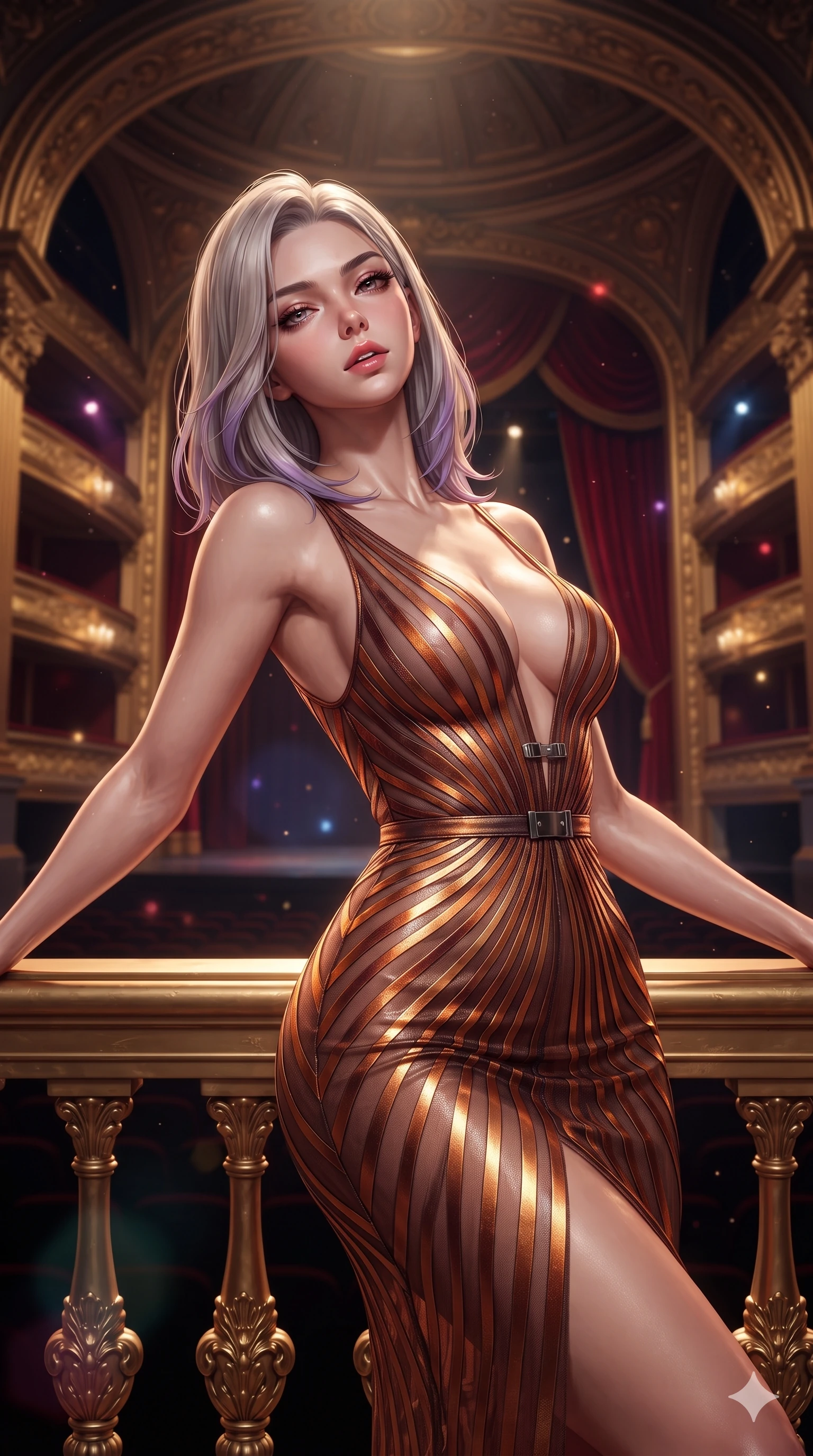 score_9, masterpiece, best quality, ultra-detailed, high-budget anime keyframe, semi-realistic 3D game render, editorial fashion photography, tasteful artistic composition, Caucasian woman. close-up cowboy shot from the waist and thighs up, the character dominates the composition, filling the frame with her large presence. leaning back against the balustrade with relaxed seductive grace, head tilted back slightly while casting a hypnotic, heavy-lidded gaze while standing poised at the center of the dark lacquered stage beneath monumental gilded proscenium arches, arching her back with sovereign diva charisma as theatrical spotlights converge. The composition keeps background elements in soft focus with creamy bokeh: tiered gilded opera tiers rising into the shadowed dome, monumental crimson velvet curtains, and floating stage dust motes blurred into ruby, gold, and indigo bokeh. She has an exceptionally elegant, slender, and willowy female figure with an ultra-slim waist, flat toned midriff, narrow ribcage, and sculpted feminine hips creating an alluring, slim hourglass silhouette without bulk. sharp v-shaped jawline, high-bridge nose, intricate jewel-like eyes with depth, thick eyelashes, glossy parted lips with a natural sheen, intensely captivating and seductive bedroom-eyes expression, flawlessly proportioned anatomical accuracy, strict slender model proportions, natural body alignment, perfectly sculpted long slender limbs, ultra-slim waistline, clean dynamic posture without body distortion. wearing a plunge-front sheer illusion tulle slip dress with liquid platinum ribbon stripes hugging her curves in rich copper bronze and warm amber, crafted from luxurious metallic lamé that shifts radiance with every step, finished with sleek magnetic buckle closures fluttering in the breeze, the bespoke structured tailoring following the natural line of her 8.5-heads silhouette with refined elegance. illuminated by crisp directional theatrical spotlights sharply defining her sculpted collarbones, ultra-slim waist, and curvy hips. highly saturated vibrant anime colors, detailed shading with soft gradients, rich glossy textures, high-contrast stereoscopic depth, volumetric dynamic lighting, master piece, 9:16 ratio
