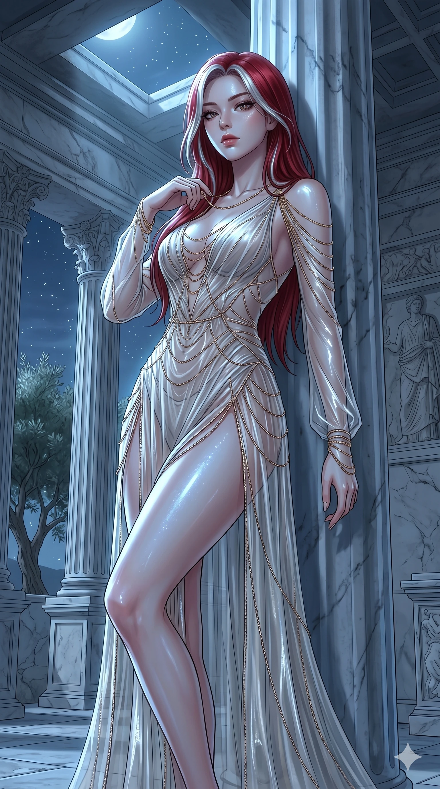 score_9, masterpiece, best quality, ultra-detailed, High-budget Anime Keyframe, East Asian woman. Low angle cowboy shot filling the entire 9:16 frame with her statuesque presence. Scenario 73: Leaning against a cold marble pillar in a moonlit greek temple. Her presence is magnetic and overpowering in this high-budget anime scene. Outfit 73: A sheer organza liquid with a high-cut leg line and fine gold chains. The clothing is designed to emphasize her exceptionally tall and slender 8-heads proportion. 8-heads proportion, towering silhouette, ultra-slim waist. sharp v-shaped jawline, intricate jewel-like eyes with depth, thick eyelashes, glossy lips. 2k, ultra detail, master piece, 9:16 ratio