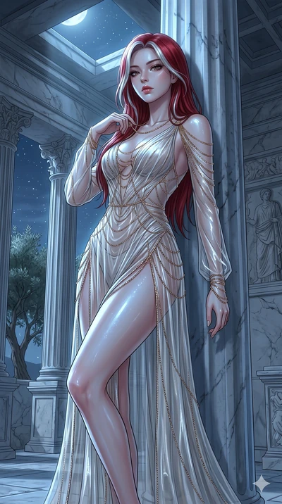 score_9, masterpiece, best quality, ultra-detailed, High-budget Anime Keyframe, East Asian woman. Low angle cowboy shot filling the entire 9:16 frame with her statuesque presence. Scenario 73: Leaning against a cold marble pillar in a moonlit greek t