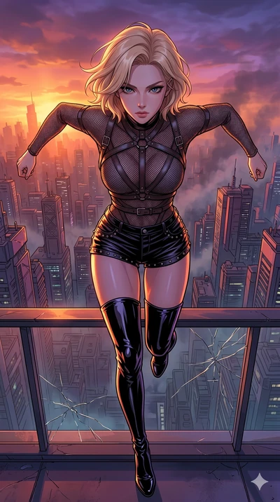 score_9, masterpiece, best quality, ultra-detailed, high-budget anime movie keyframe, cinematic anime lighting, intricate line art, Korean woman. Extreme high angle shot as she leaps towards the camera, filling the frame. surveying a sprawling mega-c