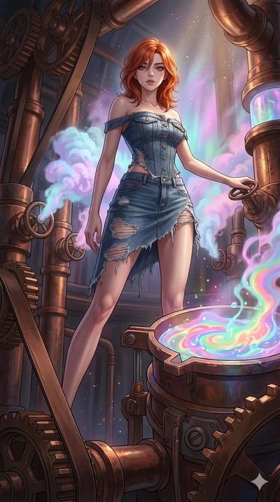 score_9, masterpiece, best quality, ultra-detailed, high-budget anime keyframe, Korean woman. low angle full-body shot filling the entire 9:16 frame with her statuesque presence, stretching the vertical silhouette. operating a steampunk aurora foundr