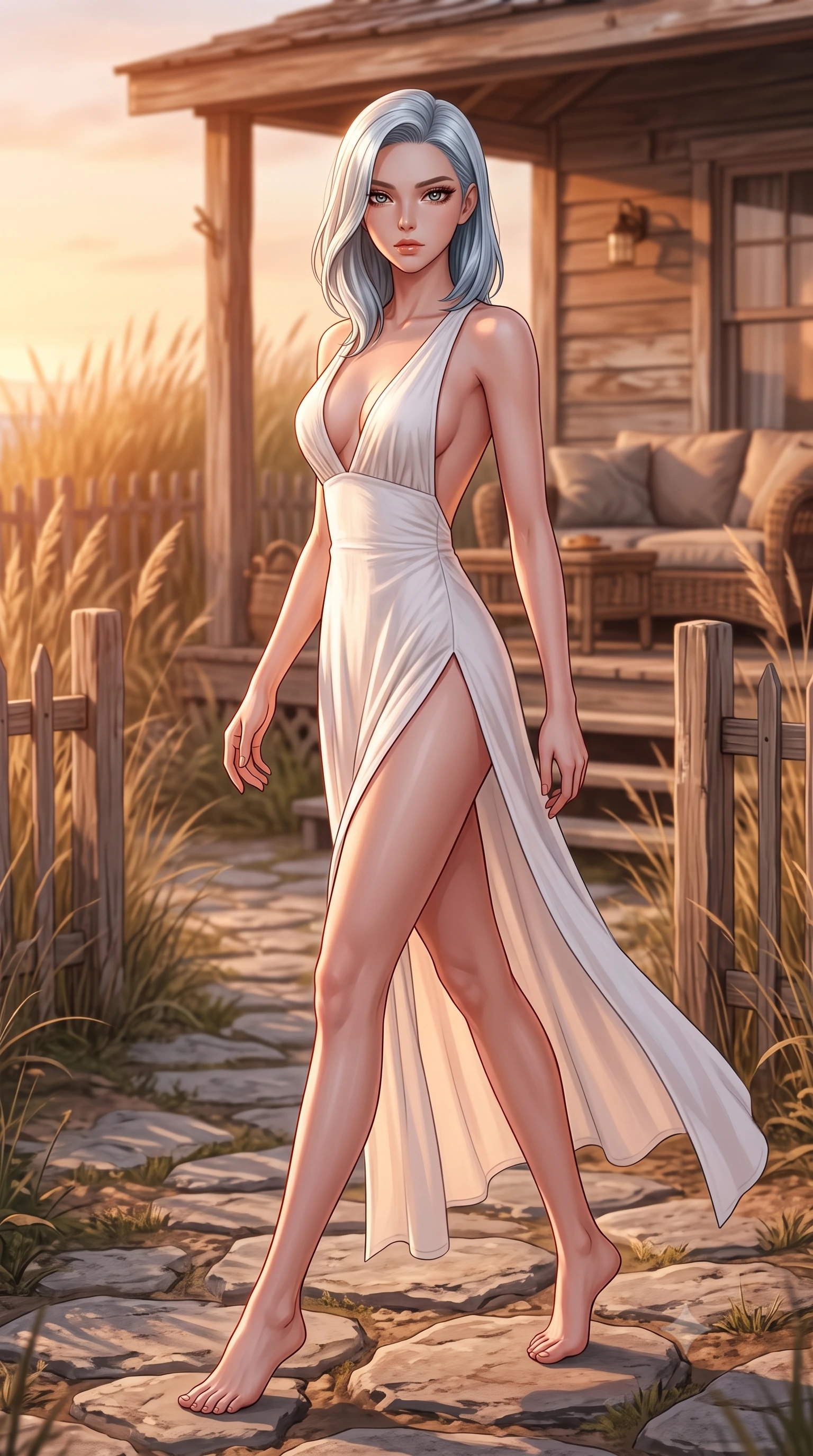 score_9, masterpiece, best quality, ultra-detailed, high-budget anime keyframe, editorial fashion photography, tasteful artistic composition, Korean woman woman. low angle full-body shot from head to toe showing her feet, filling the entire 9:16 vertical frame with her statuesque presence, stretching her vertical silhouette. stepping gracefully across a stone path in the garden the background shows a soft-focus a cozy wooden deck of a beachside cottage, surrounded by beachgrass and wooden fences. She has an absolutely perfect, statuesque 8.5-heads proportion, an exceptionally tall and slender model-like female figure with impossibly long slender legs and an ultra-slim waist. sharp v-shaped jawline, high-bridge nose, intricate jewel-like eyes with depth, thick eyelashes, glossy lips with a natural sheen. wearing a slim-fit high-slit resort dress in white cotton featuring a plunging neckline and open back. warm sunset light casting a peaceful, cozy orange wash. 2k, ultra detail, master piece, 9:16 ratio