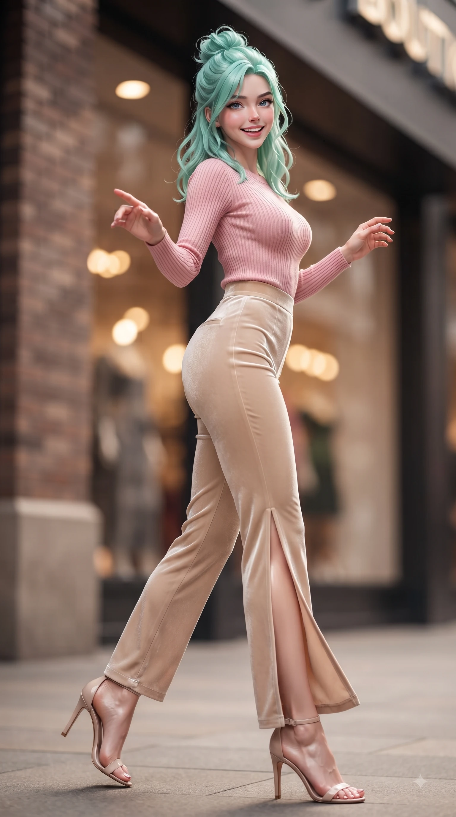 score_9, masterpiece, best quality, ultra-detailed, high-budget anime keyframe, editorial fashion photography, tasteful artistic composition, Japanese woman. low angle full-body shot from head to toe showing her feet, filling the entire 9:16 vertical frame with her statuesque presence, stretching her vertical silhouette. performing a cheerful mid-motion turn with flawless poise, her radiant smile capturing fresh girlhood energy while reaching out playfully toward the camera while browsing an outdoor fashion accessory display. The composition keeps background elements in soft focus with dreamy bokeh. modern brick architecture and chic boutique windows blurred into warm, creamy background bokeh. She has an absolutely perfect, statuesque 8.5-heads proportion, an exceptionally tall and slender model-like female figure with impossibly long slender legs and an ultra-slim waist. sharp v-shaped jawline, high-bridge nose, intricate jewel-like eyes with depth, thick eyelashes, glossy lips with a natural sheen, flawlessly proportioned anatomical accuracy, natural body alignment, perfectly sculpted elegant limbs, clean dynamic posture without body distortion. wearing a form-contouring ribbed knit top paired with high-waisted tailored stretch trousers in bright cherry blossom pink and champagne, made of lustrous stretch velvet, featuring a sleek side leg slit ascending to mid-thigh, the tailored fabric tightly following every curve of her athletic build. illuminated by crisp clear afternoon key light and vibrant specular highlights. ultra-reflective glossy finish, specular highlights, metallic sheen, high-contrast stereoscopic depth, volumetric dynamic lighting, 2k, ultra detail, master piece, 9:16 ratio