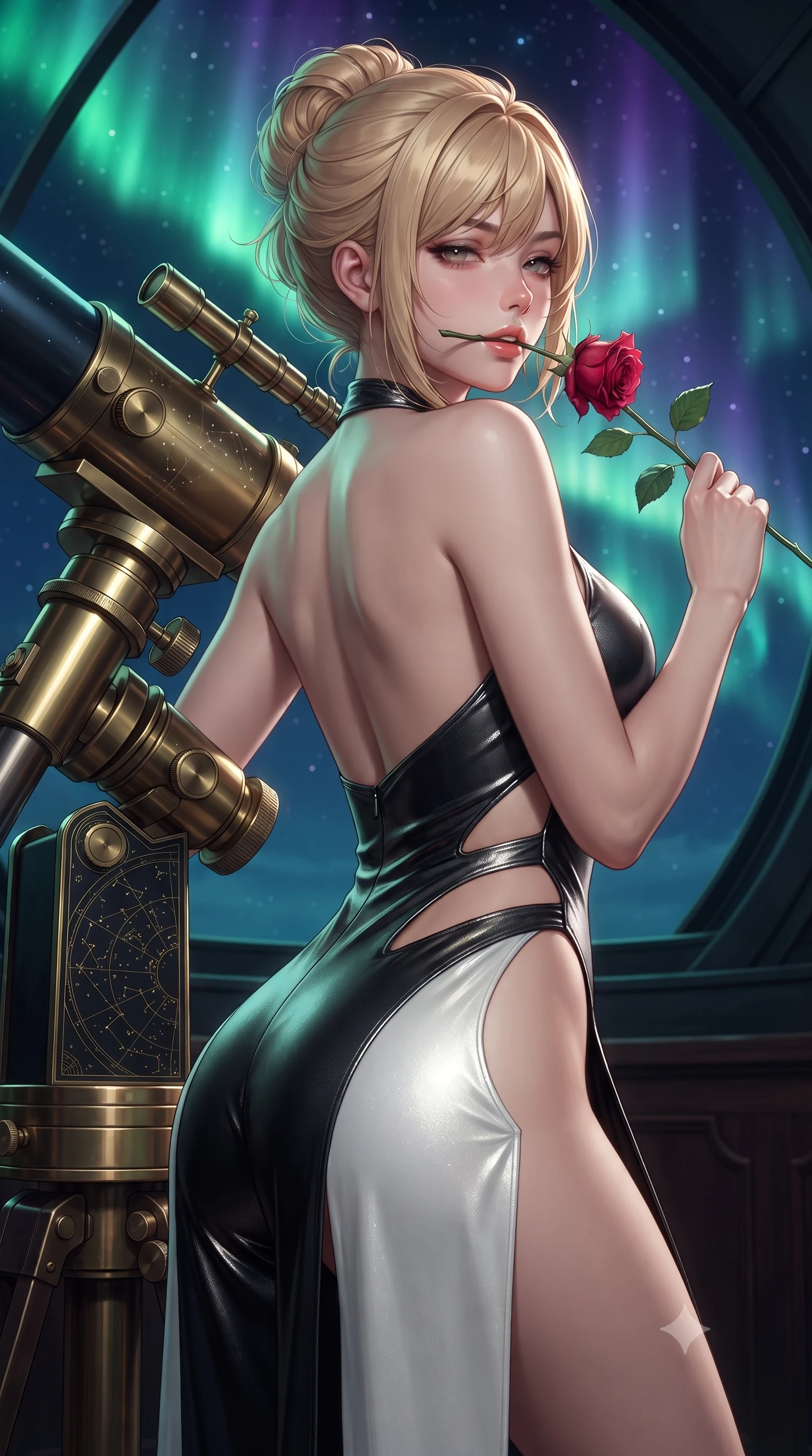 score_9, masterpiece, best quality, ultra-detailed, high-budget anime keyframe, editorial fashion photography, tasteful artistic composition, Caucasian woman. close-up cowboy shot from the waist and thighs up, the character dominates the composition, filling the frame with her large presence. posing in an alluring rear three-quarter angle, looking over a bare shoulder with parted glossy lips, her hips cocked back to highlight her slim hourglass curve while leaning against the brass telescope mounting with hips cocked back, looking back with an intoxicating, heavy-lidded gaze. The surrounding environment is rendered in vivid detail and crisp panoramic clarity: sharp polished brass telescope tube reflections, knurled adjustment knobs, and constellation chart engravings in deep focus. She has an exceptionally elegant, slender, and willowy female figure with an ultra-slim waist, flat toned midriff, narrow ribcage, and sculpted feminine hips creating an alluring, slim hourglass silhouette without bulk. sharp v-shaped jawline, high-bridge nose, sparkling eyes with hypnotic seductive depth, thick curled eyelashes, glossy parted lips with a natural dewy peach sheen, alluring bedroom-eyes with an enchanting coquettish smile, exuding magnetic siren charisma and sophisticated glamour, flawlessly proportioned anatomical accuracy, strict slender model proportions, natural body alignment, perfectly sculpted long slender limbs, ultra-slim waistline, clean dynamic posture without body distortion. wearing a liquid metallic lamé plunge halterneck jumpsuit clinging like a second skin with high-cut side hip cutouts in high-contrast minimalist monochrome black and pure alabaster white, crafted from fluid liquid silk satin that clings smoothly to every curve with a dewy sheen, accented with a single fresh-cut long-stemmed crimson rose held delicately near her parted lips, the high-slit wrap tailoring accentuating her ultra-slim waistline and the enchanting curve of her feminine hips with alluring seductive charm. bathed in the glowing emerald and violet luminescence of the aurora borealis overhead. ultra-reflective glossy finish, specular highlights, rich textural contrasts, high-contrast stereoscopic depth, volumetric dynamic lighting, 2k, ultra detail, master piece, 9:16 ratio