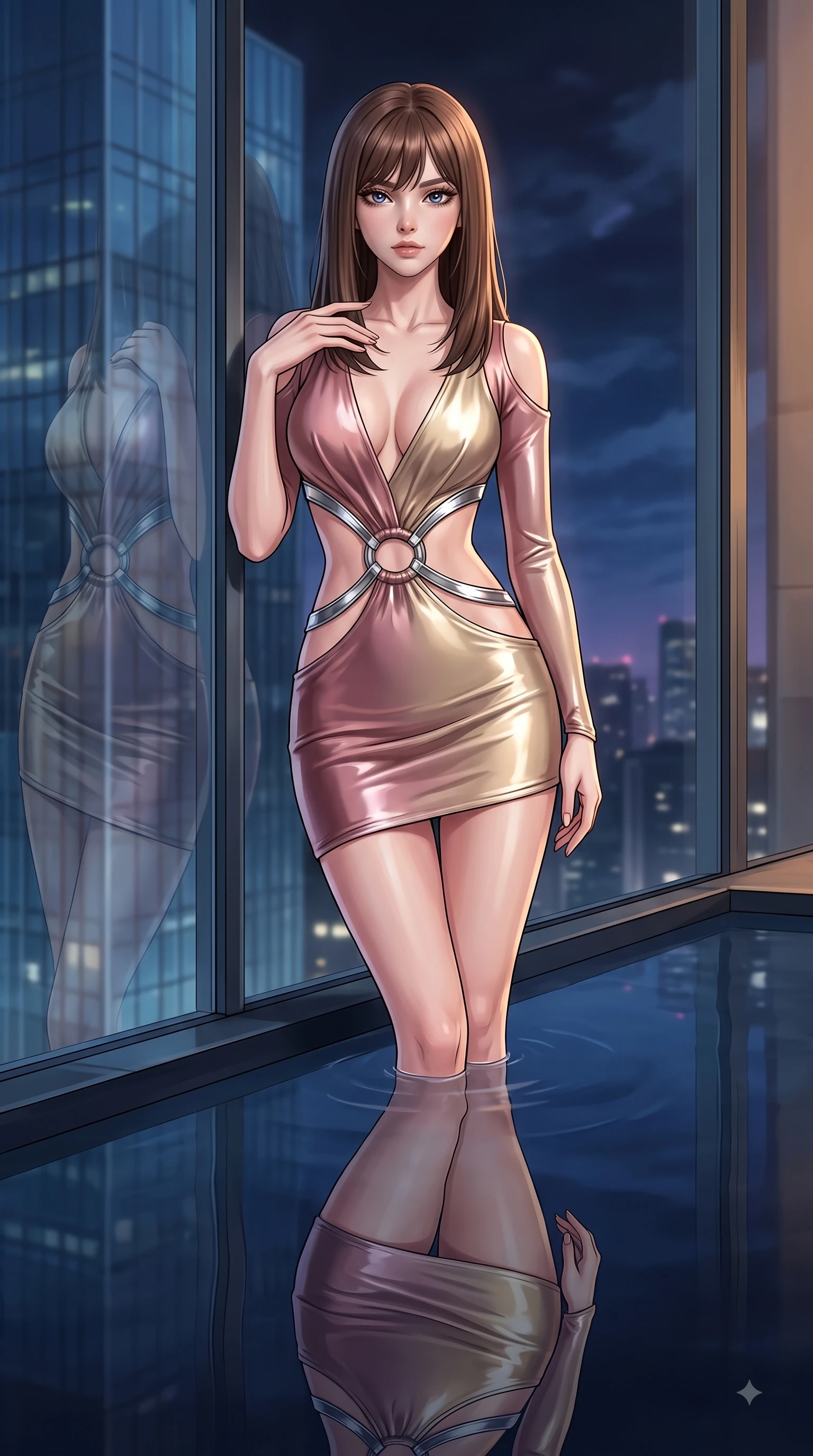 score_9, masterpiece, best quality, ultra-detailed, high-budget anime keyframe, editorial fashion photography, tasteful artistic composition, Korean woman. close-up cowboy shot from the waist and thighs up, the character dominates the composition, filling the frame with her large presence, background elements kept in soft focus. Pivoting her torso in an alluring S-curve alignment, one hand gently tracing her collarbone with poise while leaning against a panoramic glass window at midnight, her eyes casting a smoldering, magnetic gaze, still pool water reflecting her statuesque figure and the dramatic night sky flawlessly. She has an exceptionally elegant, slender, and willowy female figure with an ultra-slim waist, a gracefully sculpted slender torso, and a refined silhouette. sharp v-shaped jawline, high-bridge nose, intricate jewel-like eyes with depth, thick eyelashes, glossy lips with a natural sheen, flawlessly proportioned anatomical accuracy, natural body alignment, perfectly sculpted elegant limbs, clean dynamic posture without body distortion. wearing a liquid mercury gloss mini dress with ultra-deep V-neck and waist cutouts in dusty rose and champagne gold, crafted from smooth liquid silk, accented with delicate chrome ring hardware framing her waist, the elegant draped fit framing her graceful clavicle and slender torso. surrounded by a cozy, intimate glow with smooth high-contrast stereoscopic depth. highly saturated vibrant anime colors, detailed shading with soft gradients, rich glossy textures, high-contrast stereoscopic depth, volumetric dynamic lighting, master piece, 9:16 ratio