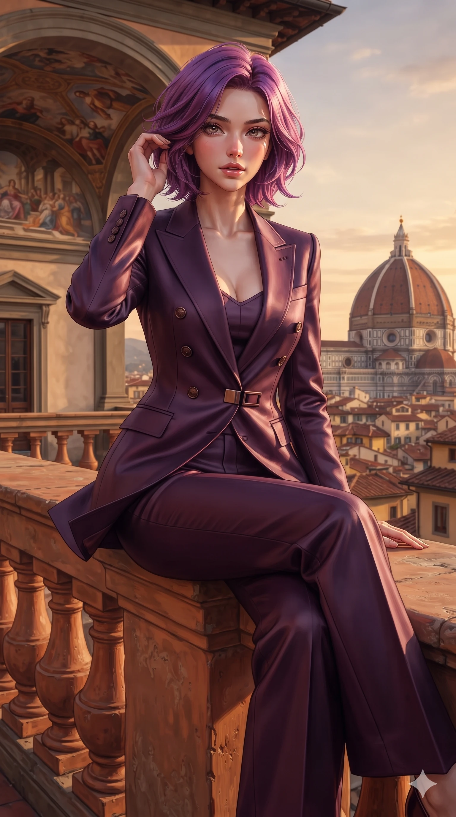 score_9, masterpiece, best quality, ultra-detailed, high-budget anime keyframe, editorial fashion photography, tasteful artistic composition, Caucasian woman. close-up cowboy shot from the waist and thighs up, the character dominates the composition, filling the frame with her large presence. gently brushing a lock of hair behind her ear while casting a playful, flirtatious side-gaze with long eyelashes while perching gracefully on the warm stone parapet with legs crossed, her wind-fluttered dress revealing her long slender legs and narrow waist against the panoramic Duomo skyline. The surrounding environment is rendered in vivid detail and crisp panoramic clarity: sharp terracotta balustrade texture, renaissance ceiling fresco brushwork, and distant Duomo ribbing in deep focus. She has an exceptionally elegant, slender, and willowy female figure with an ultra-slim waist, flat toned midriff, narrow ribcage, and sculpted feminine hips creating an alluring, slim hourglass silhouette without bulk. sharp v-shaped jawline, high-bridge nose, intricate jewel-like eyes with depth, thick eyelashes, glossy parted lips with a natural sheen, intensely captivating and seductive bedroom-eyes expression, flawlessly proportioned anatomical accuracy, strict slender model proportions, natural body alignment, perfectly sculpted long slender limbs, ultra-slim waistline, clean dynamic posture without body distortion. wearing a bespoke tailored satin pantsuit with a double-breasted structured blazer and pressed wide-leg trousers in deep plum violet and antique bronze, tailored from water-resistant treated wool gabardine and flexible stretch silk, finished with sleek magnetic buckle closures fluttering in the breeze, the impeccably tailored cut draping gracefully along her slender figure with aristocratic poise. illuminated by crisp directional sunset rays sculpting her sculpted clavicle, flat midriff, and rounded hips. ultra-reflective glossy finish, specular highlights, rich textural contrasts, high-contrast stereoscopic depth, volumetric dynamic lighting, 2k, ultra detail, master piece, 9:16 ratio
