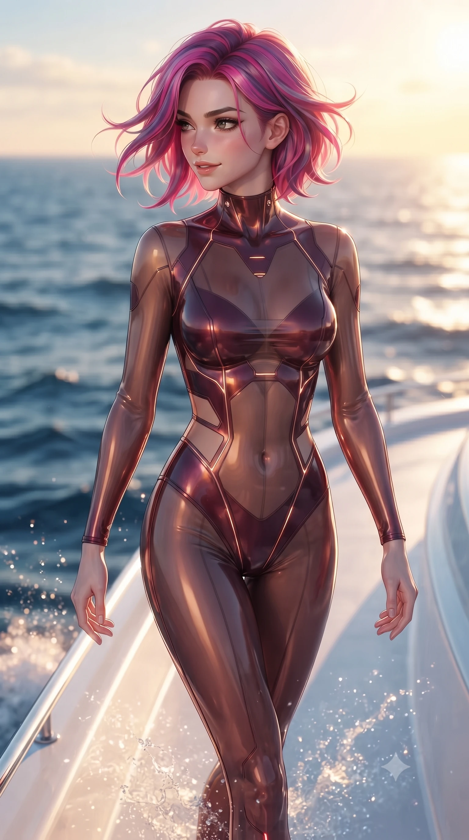 score_9, masterpiece, best quality, ultra-detailed, high-budget anime keyframe, editorial fashion photography, tasteful artistic composition, Caucasian woman. close-up cowboy shot from the waist and thighs up, the character dominates the composition, filling the frame with her large presence, background elements kept in soft focus. Glancing sidelong over her shoulder with a smoldering half-smile and heavy lashes stepping along a sleek white marine deck as ocean spray sparkles in the sunlight, ocean breeze blowing her hair and lightweight attire into fluid motions. She has an exceptionally elegant, slender, and willowy female figure with an ultra-slim waist, a gracefully sculpted slender torso, and a refined silhouette. sharp v-shaped jawline, high-bridge nose, intricate jewel-like eyes with depth, thick eyelashes, glossy lips with a natural sheen. wearing a skin-tight cybernetic bodysuit with glowing neon seams and side cutouts in deep burgundy and bronze, woven from fine semi-opaque sheer organza, featuring subtle geometric cutouts that highlight her ultra-slim midriff, the glove-like fit emphasizing her statuesque silhouette. illuminated by a glorious golden hour sunset over deep azure sea waves. ultra-reflective glossy finish, specular highlights, metallic sheen, high-contrast stereoscopic depth, volumetric dynamic lighting, 2k, ultra detail, master piece, 9:16 ratio