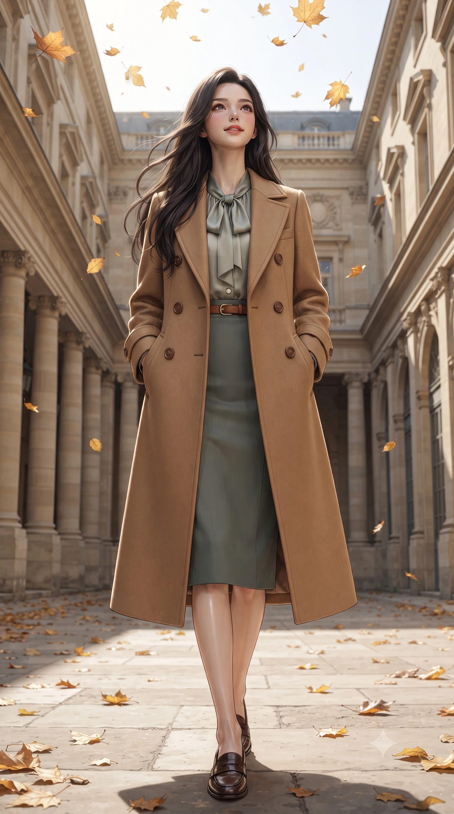 score_9, masterpiece, best quality, ultra-detailed, high-budget anime keyframe, editorial fashion photography, tasteful artistic composition, Korean woman. low angle full-body shot from head to toe showing her feet, filling the entire 9:16 vertical frame with her statuesque presence, stretching her vertical silhouette. standing tall and centered in the frame with hands tucked into her coat pockets, radiating statuesque poise and calm warmth while standing in the sun-dappled courtyard among golden manicured linden trees, watching autumn leaves flutter down with serene delight. The surrounding environment is rendered in vivid detail and crisp panoramic clarity: detailed double-faced wool coat texture, horn button accents, and classical French monumental architecture in razor-sharp precision. She has an exceptionally tall and slender model-like 8.5-heads proportion, an ultra-slim waist, a flat toned midriff, narrow delicate ribcage, and beautifully sculpted feminine hips creating a graceful, slim hourglass silhouette without any bulky heaviness, with impossibly long slender legs. sharp v-shaped jawline, high-bridge nose, intricate jewel-like sparkling eyes with depth, thick eyelashes, glossy parted lips with a natural peach sheen, bright cheerful beaming smile with an enchanting and coquettish sensual glint, exuding both youthful cute charm and seductive allure, flawlessly proportioned anatomical accuracy, strict slender model proportions, natural body alignment, perfectly sculpted long slender limbs, ultra-slim waistline, clean dynamic posture without body distortion. wearing a fluid silk crepe pussy-bow blouse paired with a high-waisted tailored pencil midi skirt and slim leather belt in misty Arashiyama bamboo green and slate grey, tailored from heavyweight double-faced wool with clean architectural edges, finished with fine mother-of-pearl cuff buttons catching the soft ambient light, the structured cinched belt emphasizing her narrow waistline and gracefully balanced proportions with timeless haute-couture polish. bathed in rhythmic alternating pools of bright autumn afternoon sun and soft shaded stone arcade ambient light. ultra-reflective glossy finish, specular highlights, rich textural contrasts, high-contrast stereoscopic depth, volumetric dynamic lighting, 2k, ultra detail, master piece, 9:16 ratio