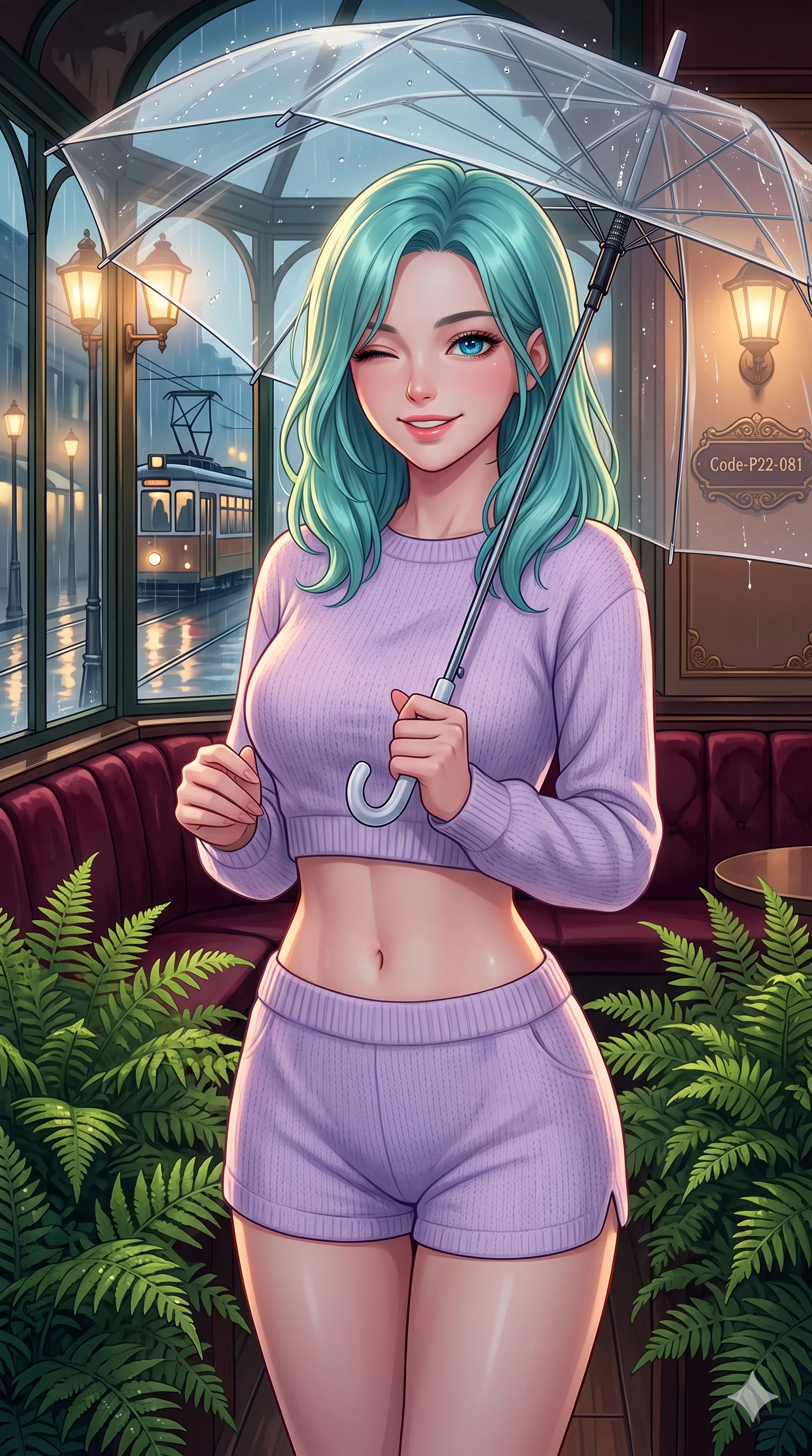 score_9, masterpiece, best quality, ultra-detailed, high-budget anime keyframe, vibrant anime aesthetic, Japanese woman. close-up cowboy shot from the waist and thighs up, the character dominates the composition, filling the frame with her large presence, background elements kept in soft focus. She is standing under a clear umbrella, winking playfully with a delightful smile, looking directly into the lens standing amidst vibrant green ferns. inside a retro-themed cafe corner with plush velvet booths and a view of rain-slicked tram tracks outside (Code-P22-081). She has an absolutely perfect proportion, an exceptionally elegant and slender female figure with an ultra-slim waist. V-shaped jawline, high-bridge nose, intricate jewel-like eyes with depth, thick eyelashes, glossy lips with a natural sheen. wearing a cropped knit top paired with matching knit shorts in pastel lavender. She is illuminated by warm gaslight street lamps, casting soft reflections on wet pavements, outlining her elegant silhouette inside the glass pavilion. 2k, ultra detail, master piece, 9:16 ratio