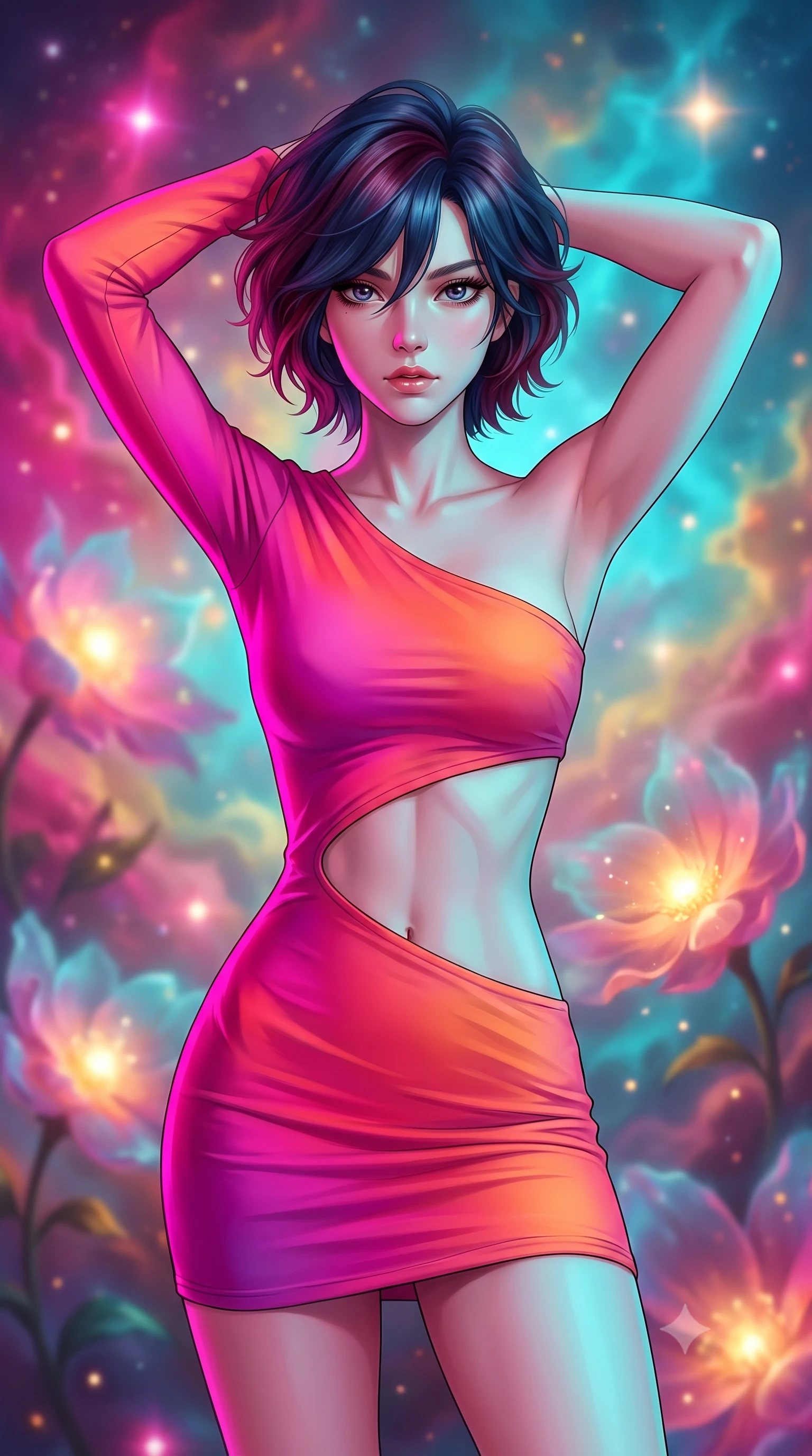 score_9, masterpiece, best quality, ultra-detailed, high-budget anime keyframe, editorial fashion photography, tasteful artistic composition, Korean woman. close-up cowboy shot from the waist and thighs up, the character dominates the composition, filling the frame with her large presence, background elements kept in soft focus. Placing one hand behind her head with confident body language and a direct stare. set against a soft-focus background of a celestial garden where infant stars bloom like luminous flowers inside swirling colorful nebula clouds of magenta cyan and gold each proto-star casting its own warm glow onto petals of cosmic gas. She has an exceptionally elegant and slender, willowy female figure with an ultra-slim waist, a gracefully sculpted slender torso, and a refined slim physique. sharp v-shaped jawline, high-bridge nose, intricate jewel-like eyes with depth, thick eyelashes, glossy lips with a natural sheen. wearing an asymmetric one-sleeve mini dress in a warm fuchsia and orange gradient, with a dramatic side cutout. dual-tone lighting with hot magenta from the left and cool cyan from the right. 2k, ultra detail, master piece, 9:16 ratio