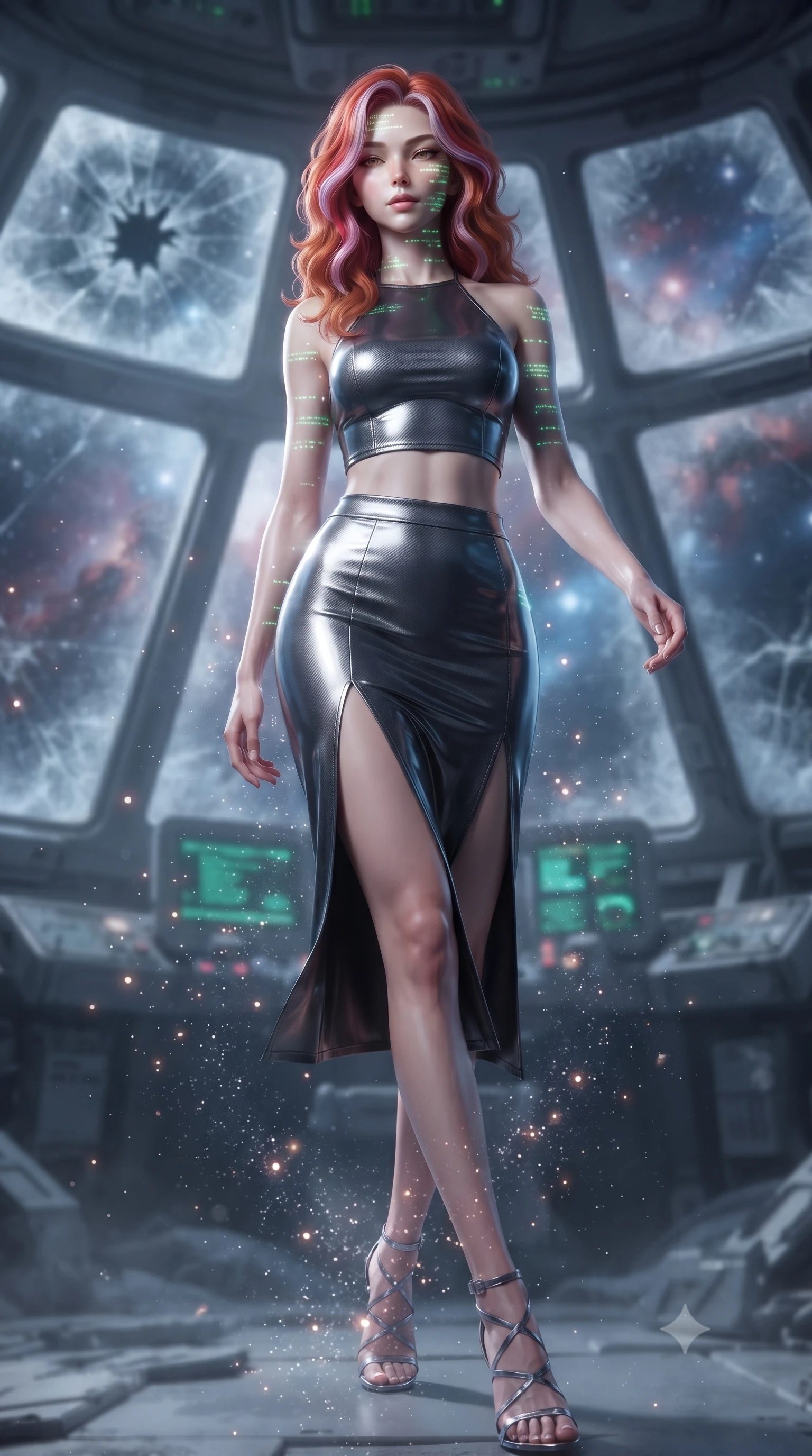 score_9, masterpiece, best quality, ultra-detailed, high-budget anime keyframe, editorial fashion photography, tasteful artistic composition, Caucasian woman. low angle full-body shot from head to toe showing her feet, filling the entire 9:16 vertical frame with her statuesque presence, stretching her vertical silhouette. stepping gracefully through floating stardust particles, her body-contouring suit showing her athletic, slender silhouette, the background shows a soft-focus a starship cockpit of a crashed colossal mech with cracked glass. She has an absolutely perfect, statuesque 8.5-heads proportion, an exceptionally tall and slender model-like female figure with impossibly long slender legs and an ultra-slim waist. sharp v-shaped jawline, high-bridge nose, intricate jewel-like eyes with depth, thick eyelashes, glossy lips with a natural sheen. wearing a slim-fit carbon-fiber halter-neck crop top paired with a matching high-slit midi skirt, revealing her slim waist. flickering green cockpit telemetry lights projecting code lines on her face. ultra-reflective glossy finish, specular highlights, metallic sheen, high-contrast stereoscopic depth, volumetric dynamic lighting, 2k, ultra detail, master piece, 9:16 ratio