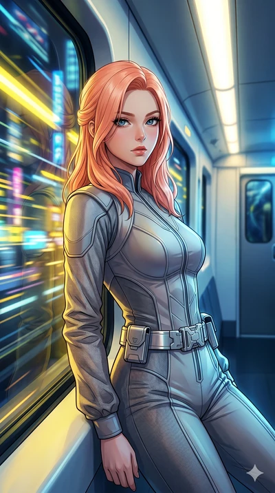 score_9, masterpiece, best quality, ultra-detailed, high-budget anime keyframe, Japanese woman. Upper body close-up from the thighs up, character filling the screen for maximum presence. She is leaning against a train window in a speeding magnetic tr