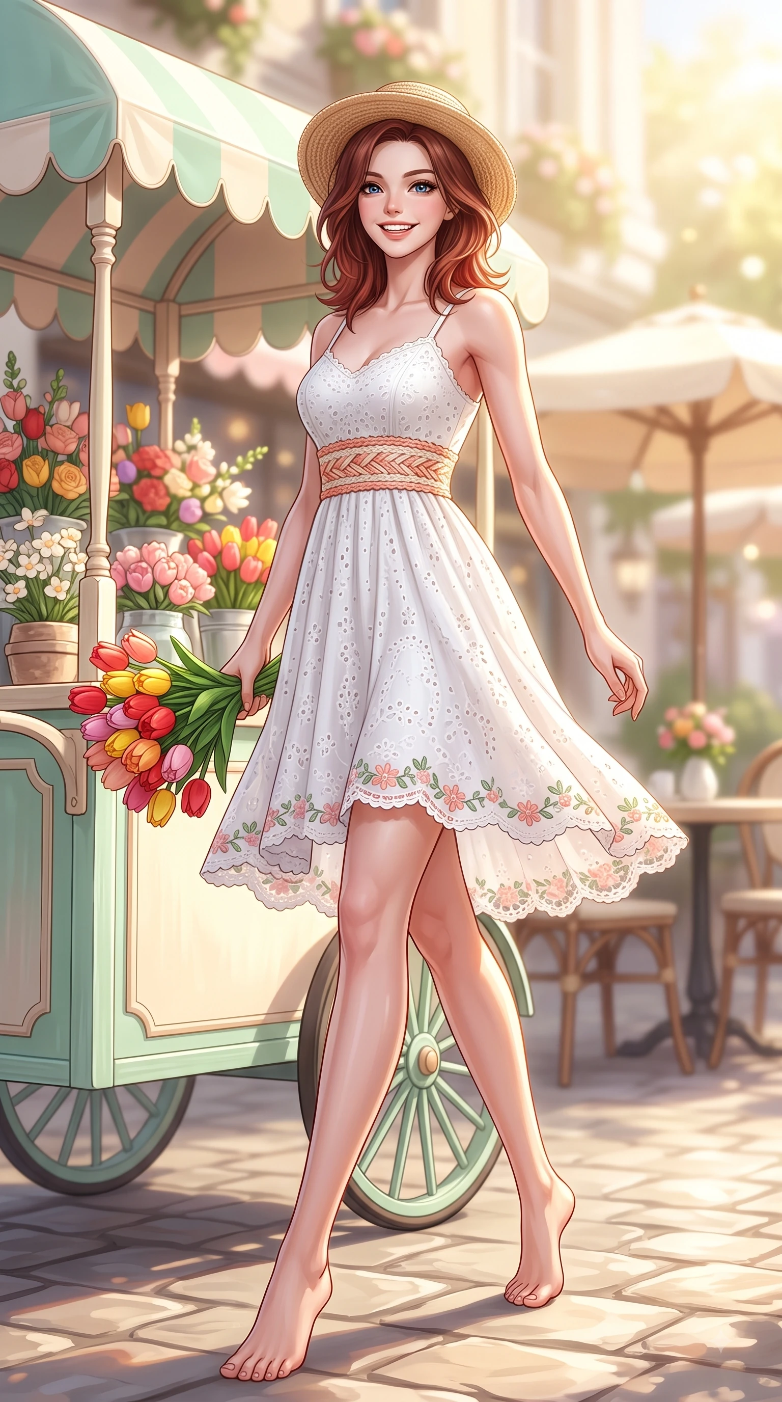 score_9, masterpiece, best quality, ultra-detailed, high-budget anime keyframe, editorial fashion photography, tasteful artistic composition, Korean woman. low angle full-body shot from head to toe showing her feet, filling the entire 9:16 vertical frame with her statuesque presence, stretching her vertical silhouette. walking forward in a proud dynamic stride with a cheerful beaming smile, her vertical silhouette filling the frame while pivoting playfully near a pastel flower cart holding a bouquet of colorful tulips with a beaming smile. The composition keeps background elements in soft focus with dreamy bokeh. sunlit outdoor cafe tables and decorative bloom displays blurring into gentle warm background light. She has an absolutely perfect, statuesque 8.5-heads proportion, an exceptionally tall and slender model-like female figure with impossibly long slender legs and an ultra-slim waist. sharp v-shaped jawline, high-bridge nose, intricate jewel-like eyes with depth, thick eyelashes, glossy lips with a natural sheen, flawlessly proportioned anatomical accuracy, natural body alignment, perfectly sculpted elegant limbs, clean dynamic posture without body distortion. wearing an airy white eyelet lace sundress with a woven straw hat motif in warm coral pink and champagne ivory, knitted from soft cozy cashmere yarn, complemented by delicate embroidered floral trim along the hem, the tailored casual silhouette highlighting her fresh and youthful presence. bathed in brilliant morning sunshine and warm pastel flower shop ambient glow. highly saturated vibrant anime colors, detailed shading with soft gradients, rich glossy textures, high-contrast stereoscopic depth, volumetric dynamic lighting, master piece, 9:16 ratio