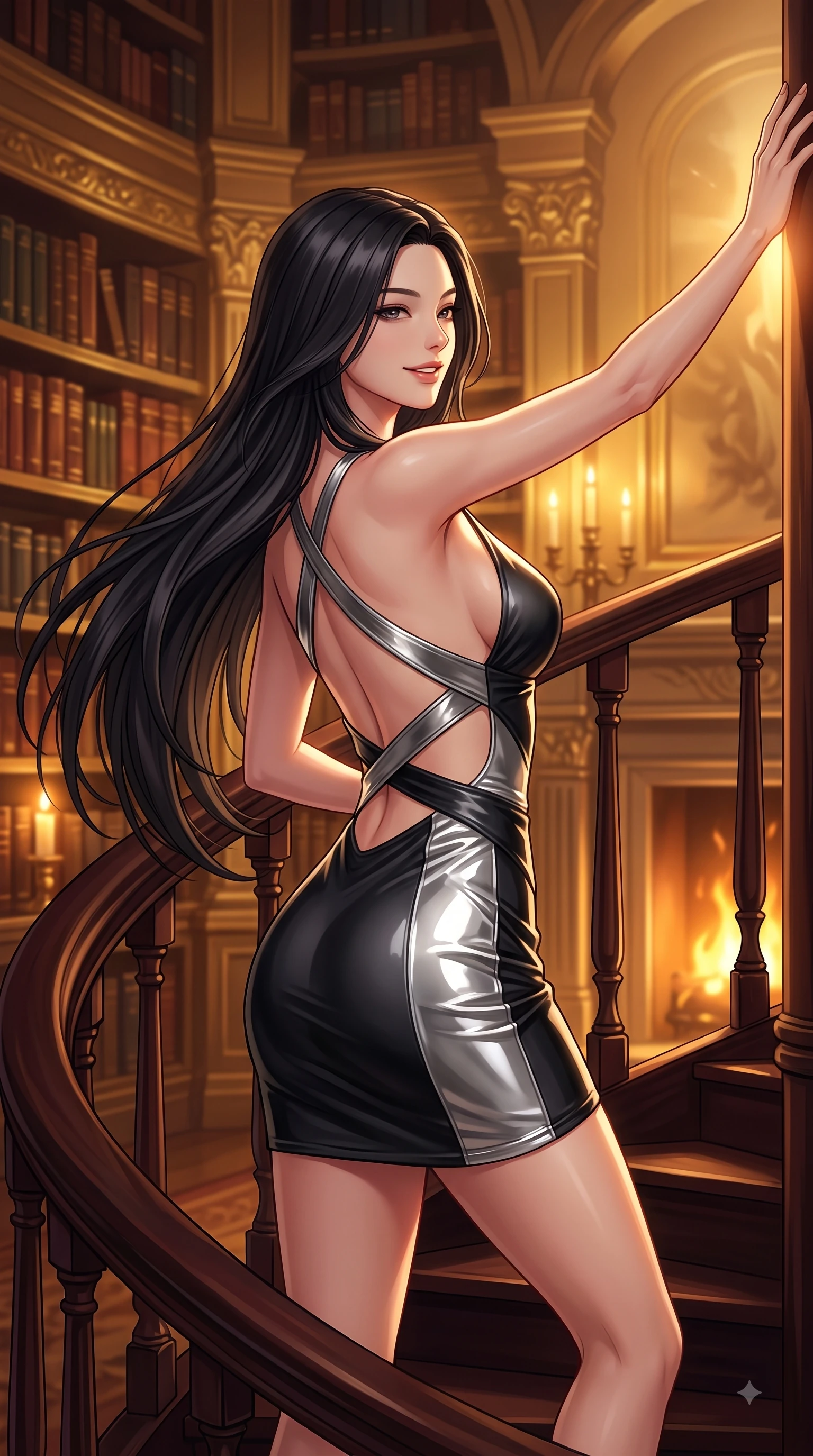 score_9, masterpiece, best quality, ultra-detailed, high-budget anime keyframe, editorial fashion photography, tasteful artistic composition, Korean woman. close-up cowboy shot from the waist and thighs up, the character dominates the composition, filling the frame with her large presence, background elements kept in soft focus. Extending one arm in an elegant stretch toward the light while smiling with magnetic self-assurance while pivoting gracefully on a mahogany spiral staircase, casting a seductive sidelong gaze over her shoulder, thousands of antique leather-bound books stacked along majestic golden shelves. She has an exceptionally elegant, slender, and willowy female figure with an ultra-slim waist, a gracefully sculpted slender torso, and a refined silhouette. sharp v-shaped jawline, high-bridge nose, intricate jewel-like eyes with depth, thick eyelashes, glossy lips with a natural sheen, flawlessly proportioned anatomical accuracy, natural body alignment, perfectly sculpted elegant limbs, clean dynamic posture without body distortion. wearing a liquid mercury gloss mini dress with ultra-deep V-neck and waist cutouts in matte black and polished silver, tailored from high-gloss patent leather, complemented by criss-cross back straps highlighting her bare shoulders, the elegant draped fit framing her graceful clavicle and slender torso. bathed in rich amber candlelight and warm golden hearth flame backlighting. highly saturated vibrant anime colors, detailed shading with soft gradients, rich glossy textures, high-contrast stereoscopic depth, volumetric dynamic lighting, master piece, 9:16 ratio