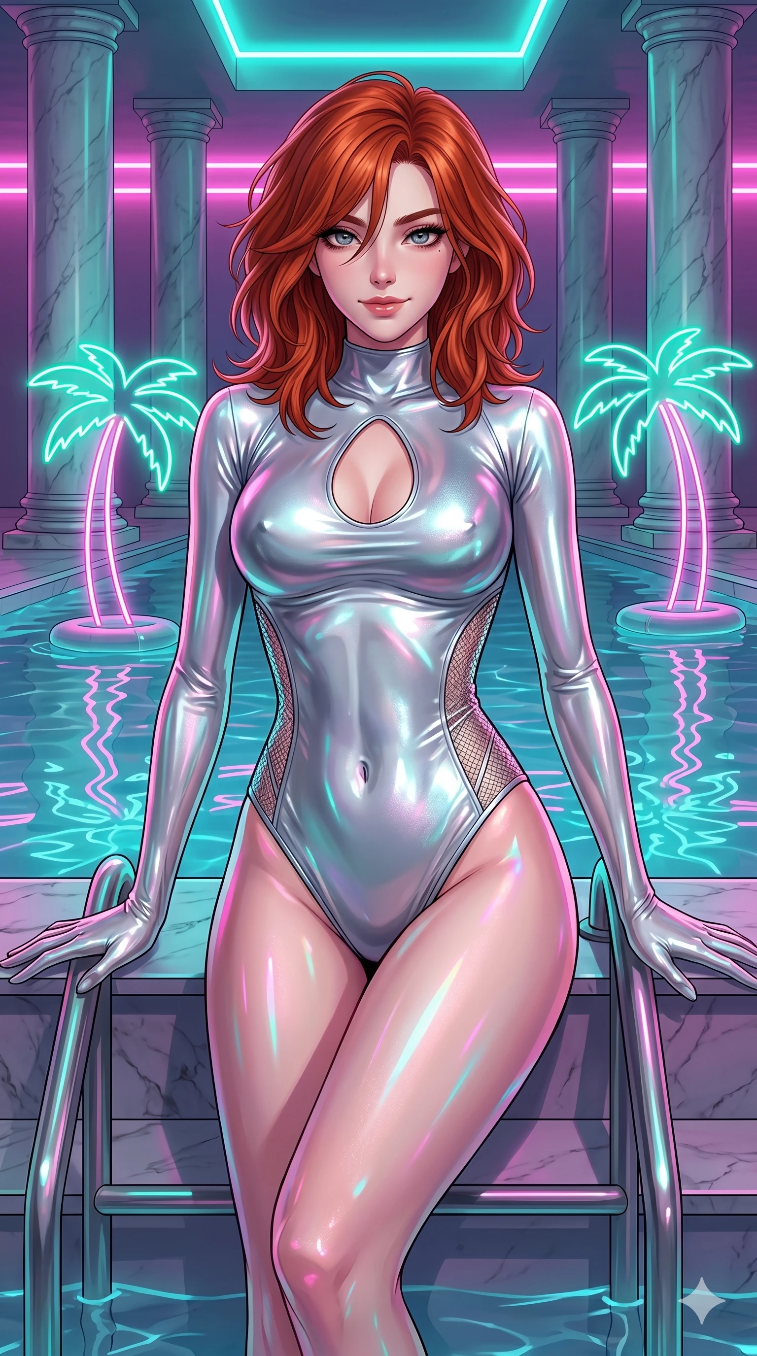score_9, masterpiece, best quality, ultra-detailed, high-budget anime keyframe, editorial fashion photography, tasteful artistic composition, Korean woman. cowboy shot from the thighs up, character and outfit filling the frame for maximum editorial presence. leaning back on the pool steps, looking directly at the camera with a bedroom-eyes smile in a vaporwave indoor pool with marble pillars and floating neon palms (Code-P16-101). She has an absolutely perfect 8-heads proportion, an exceptionally tall and slender female figure with impossibly long slender legs and an ultra-slim waist. V-shaped jawline, high-bridge nose, intricate jewel-like eyes with depth, thick eyelashes, glossy lips with a natural sheen. wearing a glove-like liquid-silver bodysuit with elegant keyhole cutouts and side mesh panels. vibrant pink and teal neon lights reflecting off the pool water surface, highlighting her skin. 2k, ultra detail, master piece, 9:16 ratio