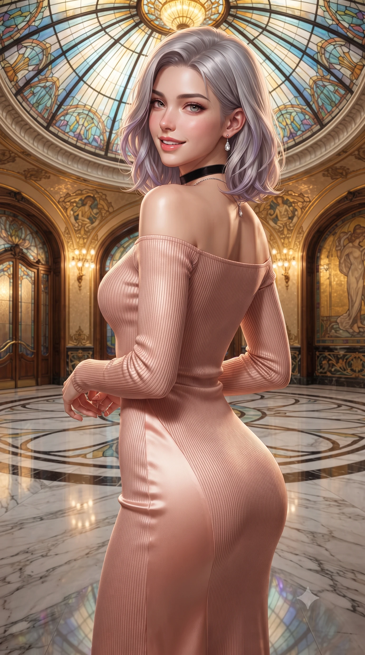 score_9, masterpiece, best quality, ultra-detailed, high-budget anime keyframe, editorial fashion photography, tasteful artistic composition, Caucasian woman. close-up cowboy shot from the waist and thighs up, the character dominates the composition, filling the frame with her large presence. posing in an alluring rear three-quarter angle, looking over a bare shoulder with parted glossy lips, her hips cocked back to highlight her slim hourglass curve while standing poised on the polished marble floor beneath the sweeping Art Nouveau stained-glass dome, arching her back with siren elegance as Alphonse Mucha-style gilded mosaics shimmer. The surrounding environment is rendered in vivid detail and crisp panoramic clarity: sharp hand-laid ceramic mosaic tesserae, polished unlacquered brass door furniture, and leaded stained-glass solder lines in deep focus. She has an exceptionally elegant, slender, and willowy female figure with an ultra-slim waist, flat toned midriff, narrow ribcage, and sculpted feminine hips creating an alluring, slim hourglass silhouette without bulk. sharp v-shaped jawline, high-bridge nose, intricate jewel-like sparkling eyes with depth, thick eyelashes, glossy parted lips with a natural peach sheen, bright cheerful beaming smile with an enchanting and coquettish sensual glint, exuding both youthful cute charm and seductive allure, flawlessly proportioned anatomical accuracy, strict slender model proportions, natural body alignment, perfectly sculpted long slender limbs, ultra-slim waistline, clean dynamic posture without body distortion. wearing an ultra-sleek Florentine second-skin ribbed knit turtleneck midi dress hugging every millimeter of her hourglass frame in North Malé sandbank mother-of-pearl and warm coral blush, crafted from fluid liquid silk satin that clings smoothly to her narrow waist and rounded hips with a dewy sheen, finished with a thin velvet ribbon choker and a single teardrop diamond pendant, the liquid-tight tailored fabric clinging flawlessly to her narrow waist and rounded feminine hips, emphasizing every millimeter of her sculpted slim hourglass curves without any bulky heaviness. bathed in the warm golden 2700K incandescent chandelier glow mixed with prismatic colored beams filtering through stained glass. ultra-reflective glossy finish, specular highlights, rich textural contrasts, high-contrast stereoscopic depth, volumetric dynamic lighting, 2k, ultra detail, master piece, 9:16 ratio