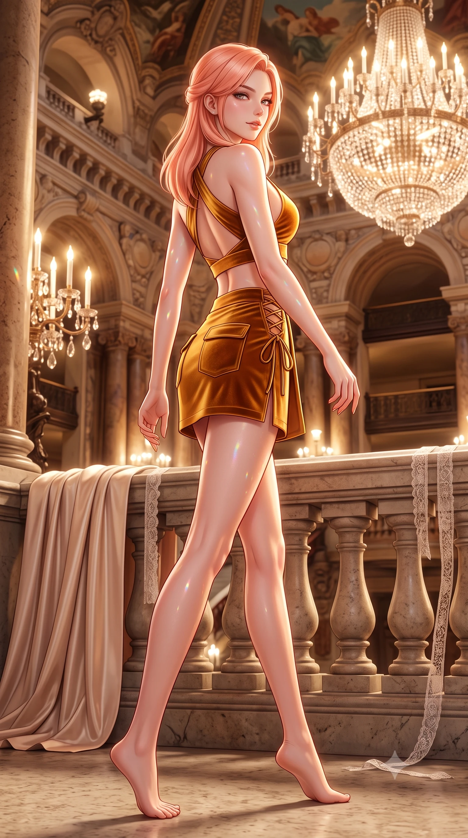 score_9, masterpiece, best quality, ultra-detailed, high-budget anime keyframe, semi-realistic 3D game render, editorial fashion photography, tasteful artistic composition, Japanese woman. low angle full-body shot from head to toe showing her feet, filling the entire 9:16 vertical frame with her statuesque presence, stretching her vertical silhouette. walking along the terrace with poise, looking back over her bare shoulder with an irresistible smoldering bedroom-gaze while twisting her slender torso in an alluring contrapposto stance, shimmering crystal chandelier refractions dancing across her curves. The surrounding environment is rendered in vivid detail and crisp panoramic clarity: detailed ballet leotard satin weave, delicate lace ribbons, and historic French opera architecture in razor-sharp precision. She has an absolutely perfect, statuesque 8.5-heads proportion, an exceptionally tall and slender model-like female figure with impossibly long slender legs, an ultra-slim waist, a flat toned midriff, narrow delicate ribcage, and beautifully sculpted feminine hips creating a graceful, slim hourglass silhouette without any bulky heaviness. sharp v-shaped jawline, high-bridge nose, sparkling eyes with hypnotic seductive depth, thick curled eyelashes, glossy parted lips with a natural dewy peach sheen, alluring bedroom-eyes with an enchanting coquettish smile, exuding magnetic siren charisma and sophisticated glamour, flawlessly proportioned anatomical accuracy, strict slender model proportions, natural body alignment, perfectly sculpted long slender limbs, ultra-slim waistline, clean dynamic posture without body distortion. wearing a high-waisted tactical wrap mini skirt with dual utility pockets paired with a plunging criss-cross halter sports top in warm amber honey and antique gold leaf, tailored from ultra-plush velvet with rich tactile depth and deep shadow gradients, finished with fine criss-cross lace-up side ties revealing tantalizing glimpses of her hip curve, the precision-cut side openings and low-back scoop framing her graceful spine and the sensual sweep of her slim, toned hips. bathed in the warm radiant brilliance of thousands of crystal chandelier electric candles. highly saturated vibrant anime colors, detailed shading with soft gradients, rich glossy textures, high-contrast stereoscopic depth, volumetric dynamic lighting, master piece, 9:16 ratio