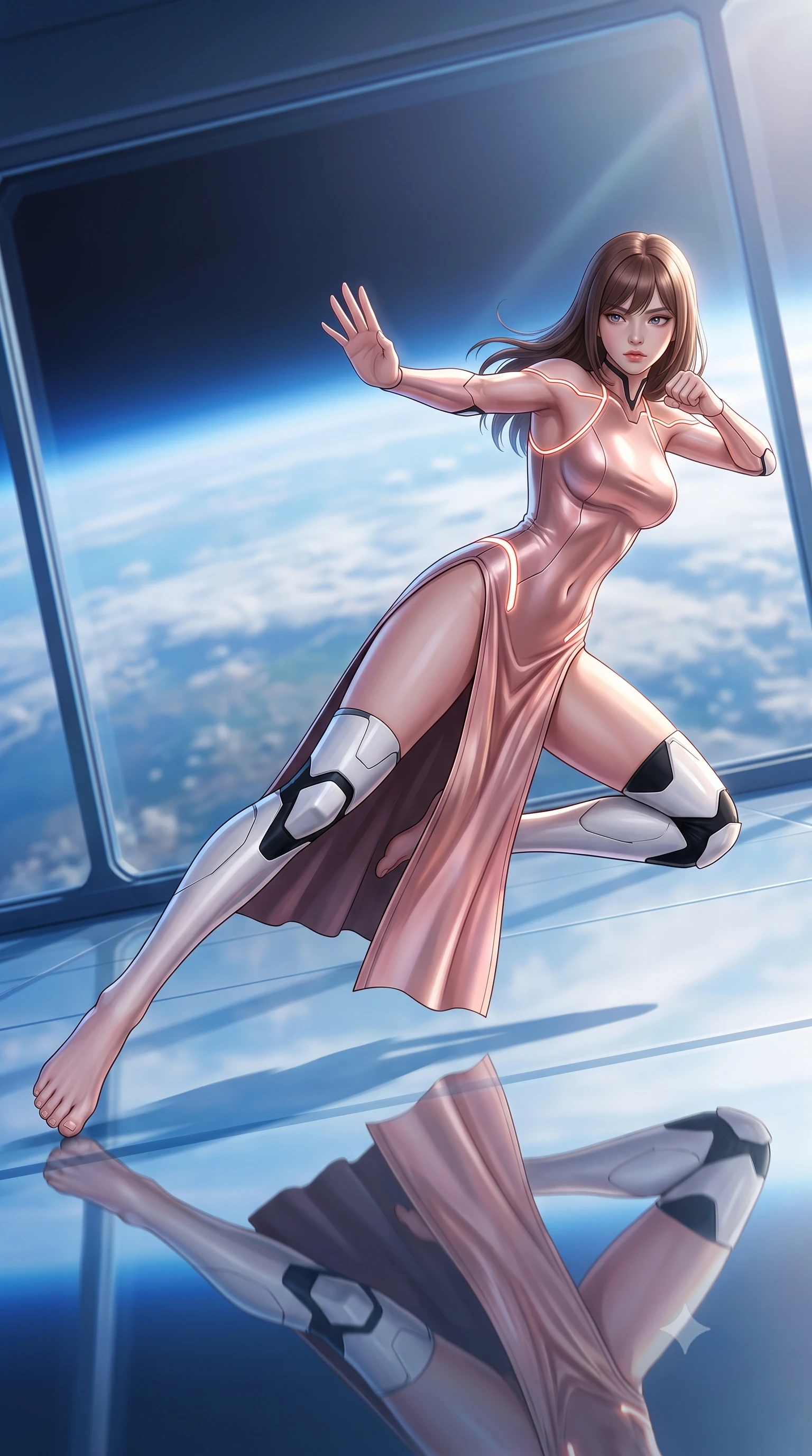 score_9, masterpiece, best quality, ultra-detailed, high-budget anime keyframe, semi-realistic 3D game render, editorial fashion photography, tasteful artistic composition, Korean woman. low angle full-body shot from head to toe showing her feet, filling the entire 9:16 vertical frame with her statuesque presence, stretching her vertical silhouette. pivoting dynamically in a high-speed low sweep kick along the reflective floor, her athletic torso and ultra-slim waist twisting in a fluid arc of power while hovering weightlessly with one palm extended in a calm Panzer Kunst guard stance, gazing into the lens with divine focus. The surrounding environment is rendered in vivid detail and crisp panoramic clarity. sharp carbon armor joint seams, polished knuckle plate facets, and Earth's atmospheric haze in deep focus. She has an absolutely perfect, statuesque 8.5-heads proportion, an exceptionally tall and slender model-like female figure with impossibly long slender legs, a toned flat midriff, and an ultra-slim waist. sharp v-shaped jawline, high-bridge nose, intricate jewel-like eyes with depth, thick eyelashes, glossy lips with a natural sheen, flawlessly proportioned anatomical accuracy, strict slender model proportions, natural body alignment, perfectly sculpted long slender limbs, ultra-slim waistline, clean dynamic posture without body distortion. wearing a form-fitting luminous rose-gold carbon combat gown with tactical high leg slits and flexible kinetic knee articulation in monochrome white enamel carbon with high-contrast black panels, made of lightweight aerodynamic carbon-titanium alloy with polished edge bevels, accented with glowing fiber-optic conduits tracing her collarbones and hip curves, the form-contouring material adhering flawlessly to her sculpted flat midriff and slender torso, emphasizing her long leg lines and perfectly proportioned willowy build. bathed in dazzling natural orbital sunlight and rich blue planetary ambient bounce light. rich saturated anime colors with glowing neon highlights, detailed shading with soft gradients, rich glossy textures, high-contrast stereoscopic depth, volumetric dynamic lighting, master piece, 9:16 ratio