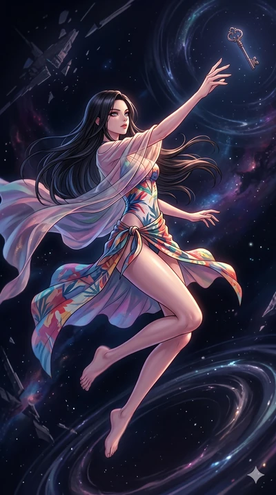 score_9, masterpiece, best quality, ultra-detailed, high-budget anime movie keyframe, cinematic anime lighting, intricate line art, Japanese woman. Mid-air action shot capturing a graceful twist and vertical silhouette. reaching for a key that is flo