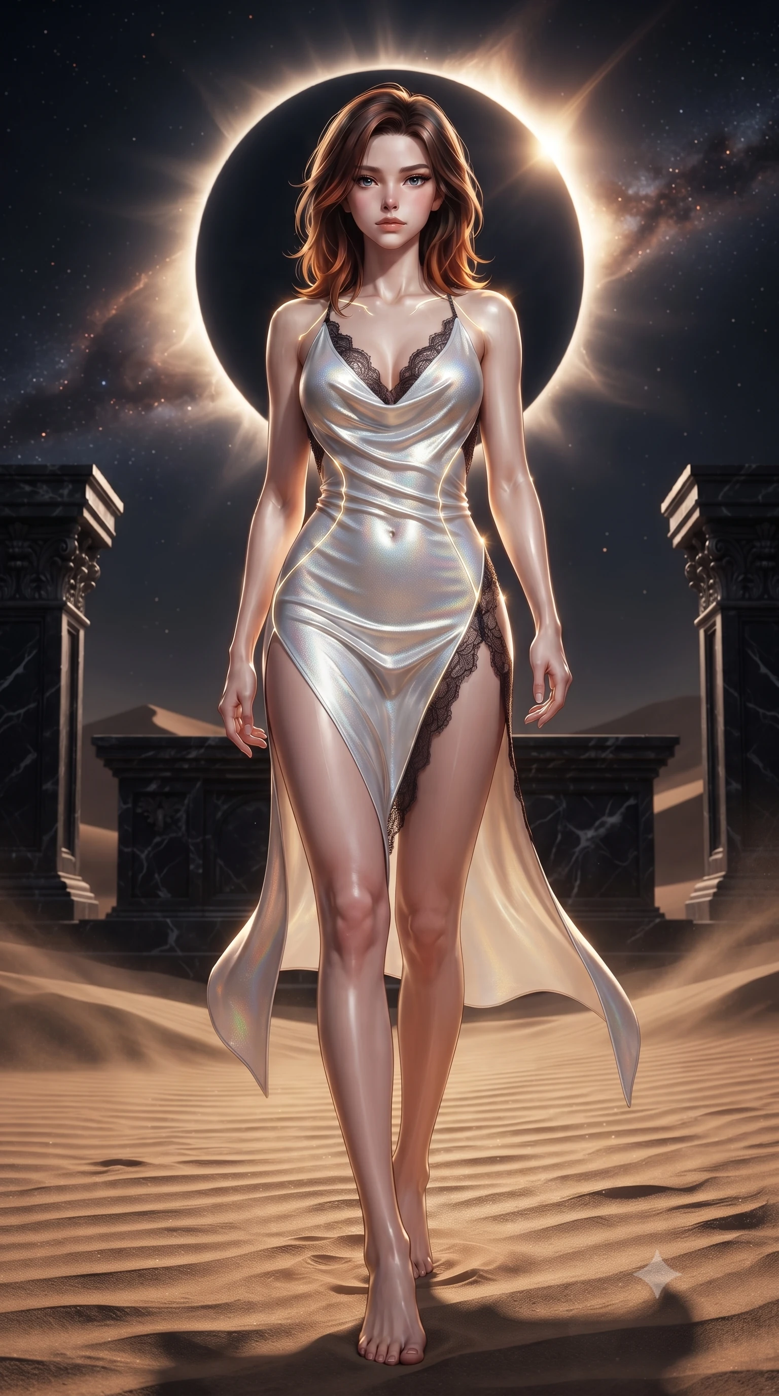 score_9, masterpiece, best quality, ultra-detailed, high-budget anime keyframe, editorial fashion photography, tasteful artistic composition, Korean woman. low angle full-body shot from head to toe showing her feet, filling the entire 9:16 vertical frame with her statuesque presence, stretching her vertical silhouette. striding forward in a proud, statuesque motion with a dangerous smolder, her vertical silhouette dominating the frame from head to toe while arching her spine in a powerful yet alluring stance against the desert winds as cosmic corona flares illuminate her silhouette. The surrounding environment is rendered in vivid detail and crisp panoramic clarity. intricate black marble altar carvings, wind-swept sand ripples, and razor-sharp eclipse ring in high clarity. She has an absolutely perfect, statuesque 8.5-heads proportion, an exceptionally tall and slender model-like female figure with impossibly long slender legs, a toned flat midriff, and an ultra-slim waist. sharp v-shaped jawline, high-bridge nose, intricate jewel-like eyes with depth, thick eyelashes, glossy lips with a natural sheen, flawlessly proportioned anatomical accuracy, strict slender model proportions, natural body alignment, perfectly sculpted long slender limbs, ultra-slim waistline, clean dynamic posture without body distortion. wearing a precision-fitted liquid jersey bodycon dress with a dramatic draped cowl back that swoops down to her waist and a high side slit in glistening liquid pearl white with rainbow opalescence, crafted from delicate dark lace interwoven with luminescent micro-fibers, accented with glowing fiber-optic seams tracing her collarbones and hip curves, the glove-like aerodynamic second-skin fit tightly clinging to her ultra-slender waist and athletic curves without adding bulk, accentuating her razor-sharp statuesque lines and slim hourglass silhouette. illuminated by sharp golden rim lights tracing her ultra-slim waist, long legs, and sculpted collarbones. ultra-reflective glossy finish, specular highlights, metallic sheen, high-contrast stereoscopic depth, volumetric dynamic lighting, 2k, ultra detail, master piece, 9:16 ratio