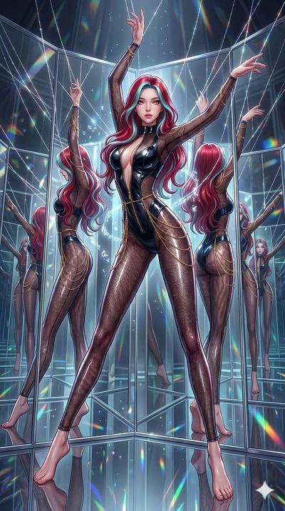 score_9, masterpiece, best quality, ultra-detailed, High-budget Anime Keyframe, East Asian woman. Dynamic full-body shot stretching the vertical silhouette to the limit. Scenario 206: Suspended by invisible silk threads in a hall of mirrors. Her pres
